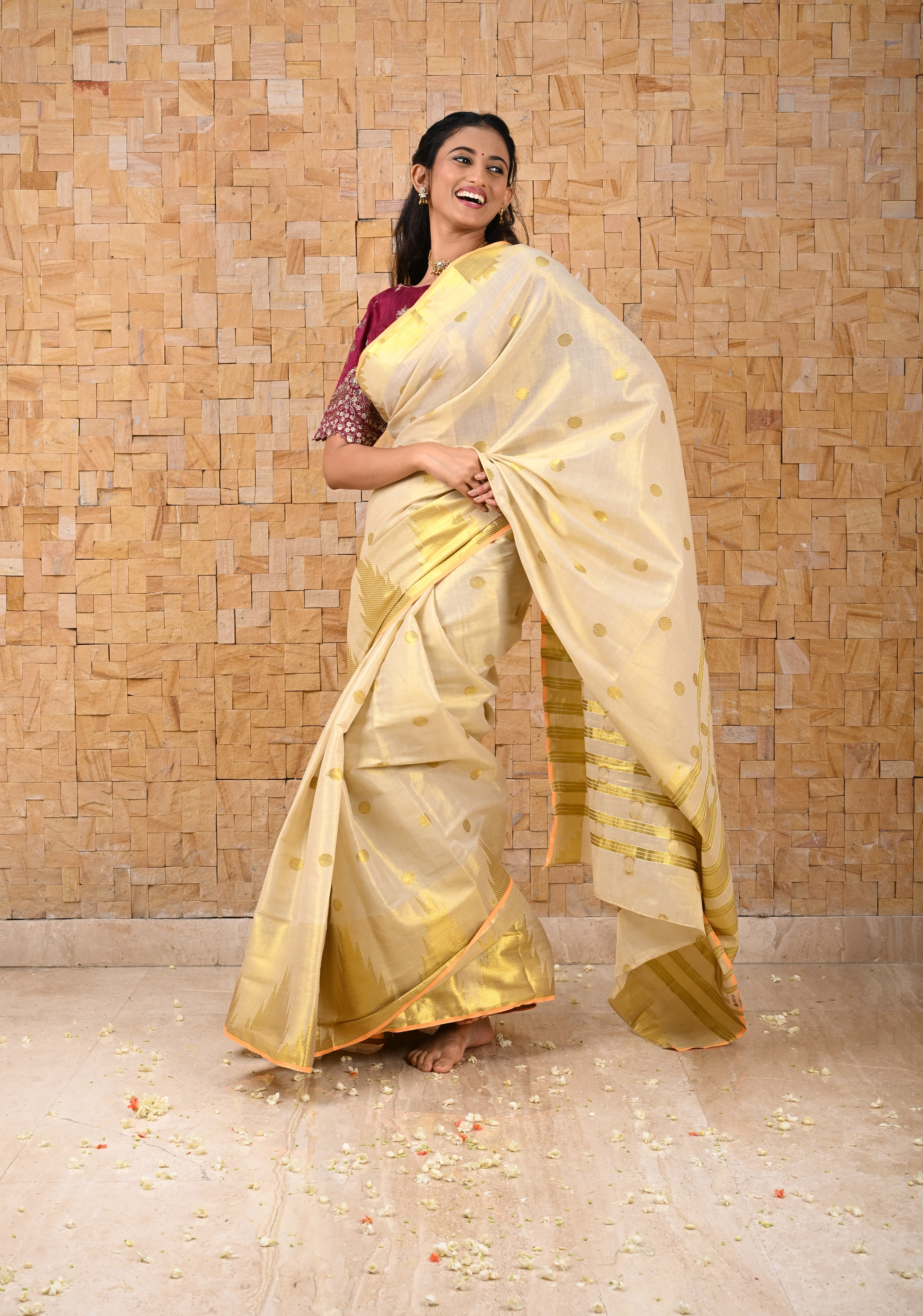Beige Tissue Cotton Saree with Zari Coin Buttis And Temple Border | Shobitam