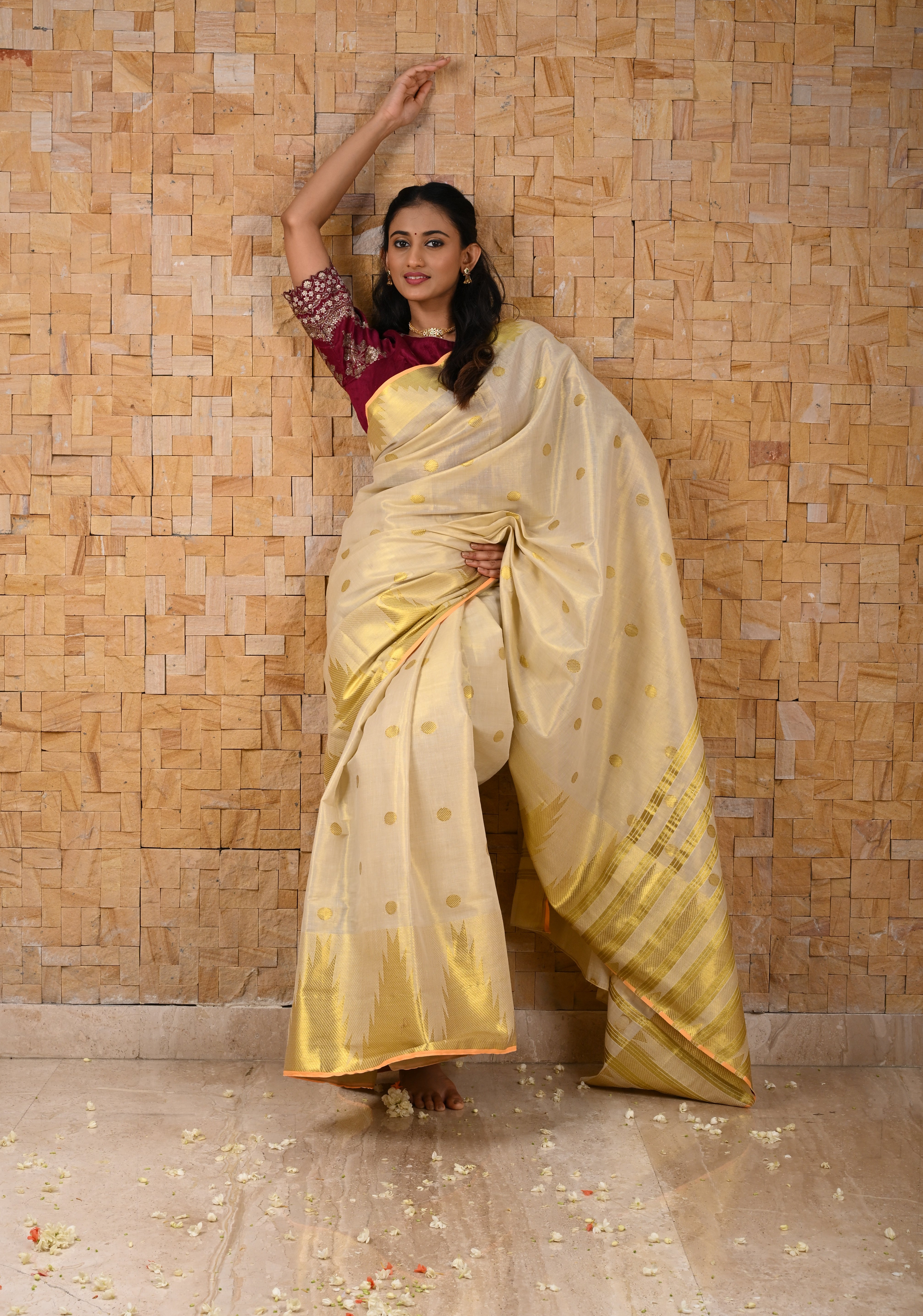 Beige Tissue Cotton Saree with Zari Coin Buttis And Temple Border | Shobitam