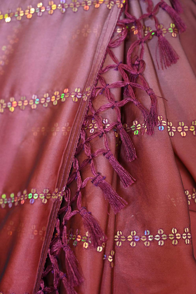Ready To Wear Premium Soft Satin Maroon ombre With Sequin Embellished & Ornate palla Wrap in 1 minute saree - Isadora Life