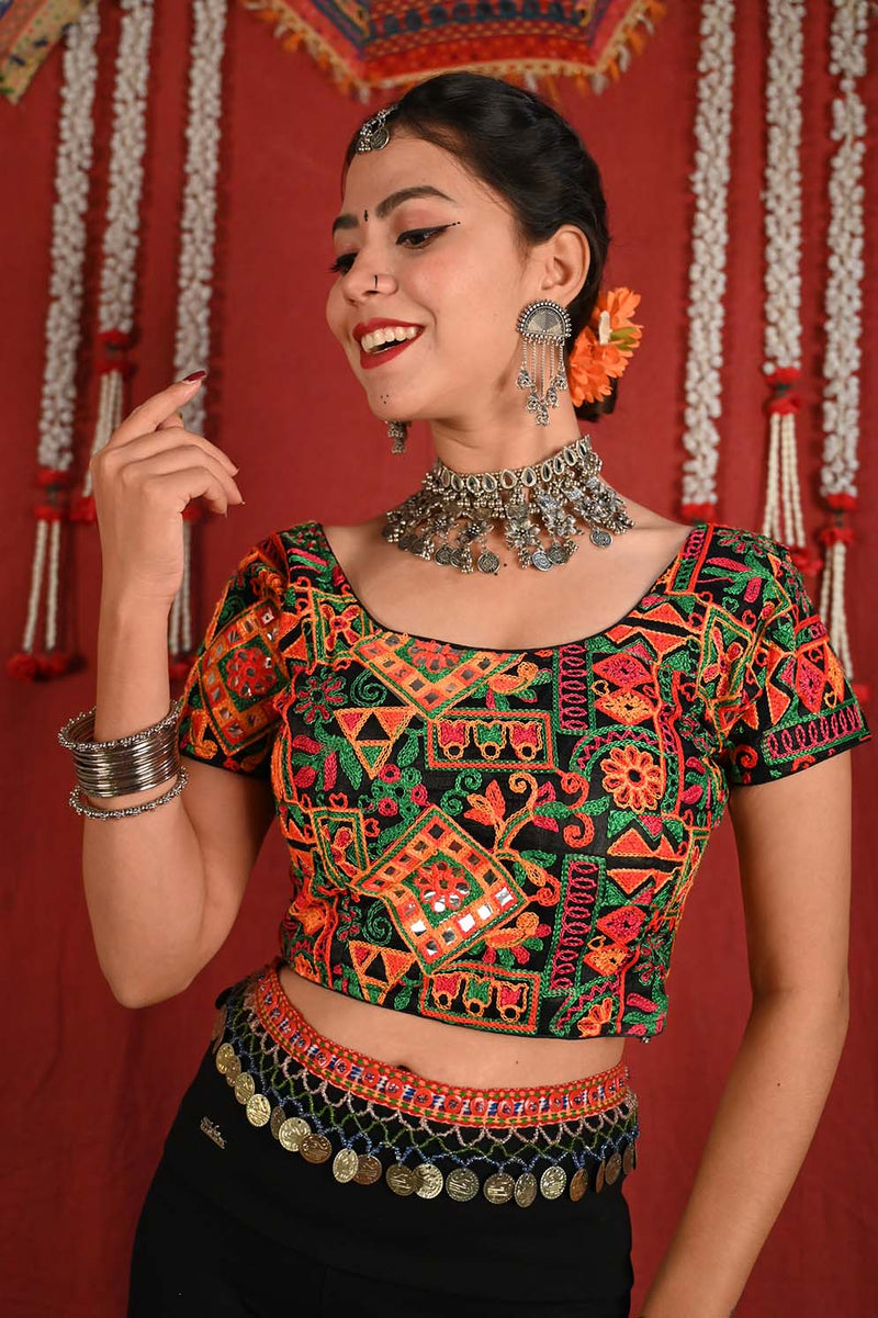 Multicolor Motif  Thread Embroidered With Mirror Embellished & Stylized Back Gujrati Style Black Blouse - Isadora Life