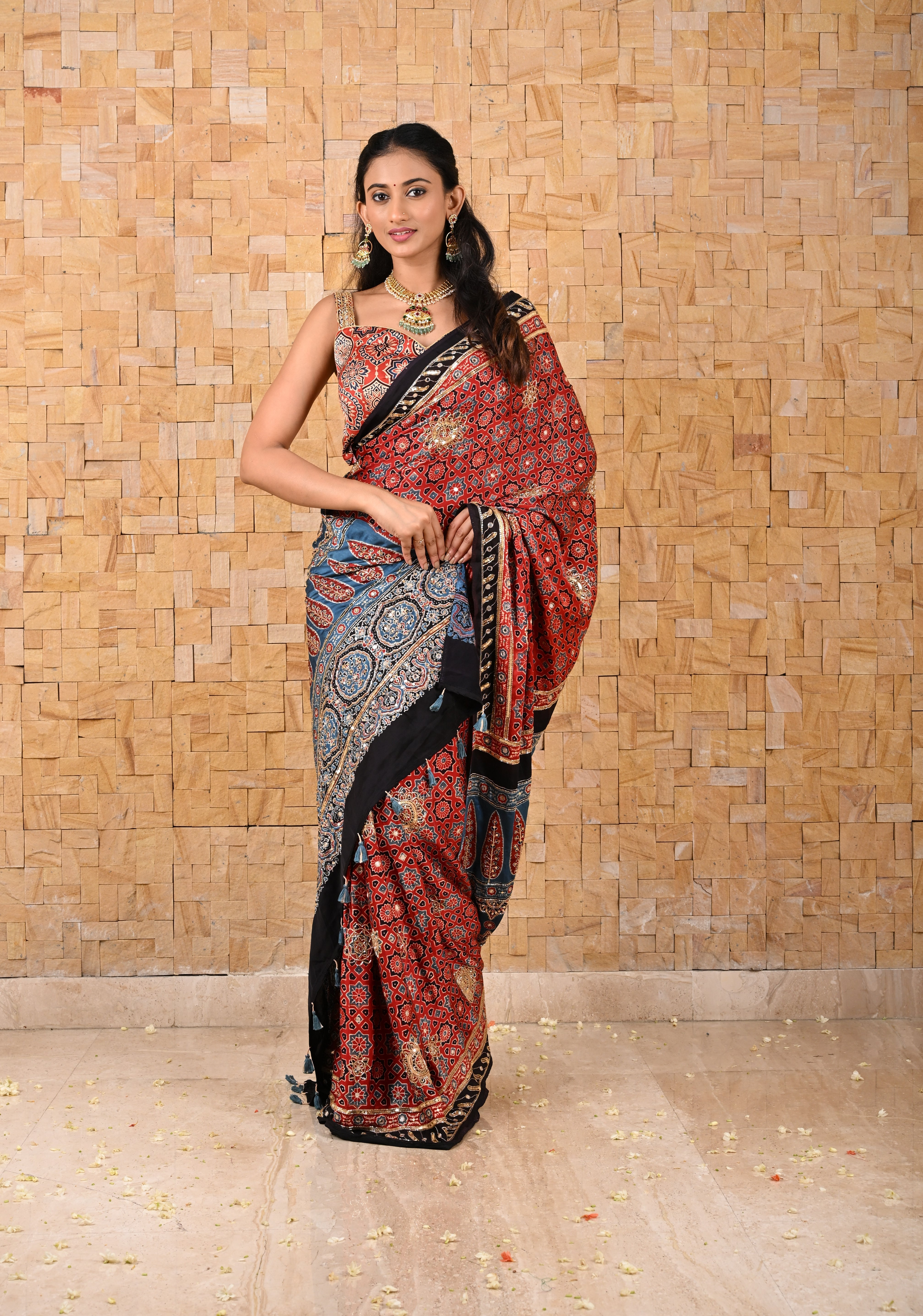 Full Handwork on Authentic Ajrakh Handblock Print on Modal Silk Saree in red | Shobitam