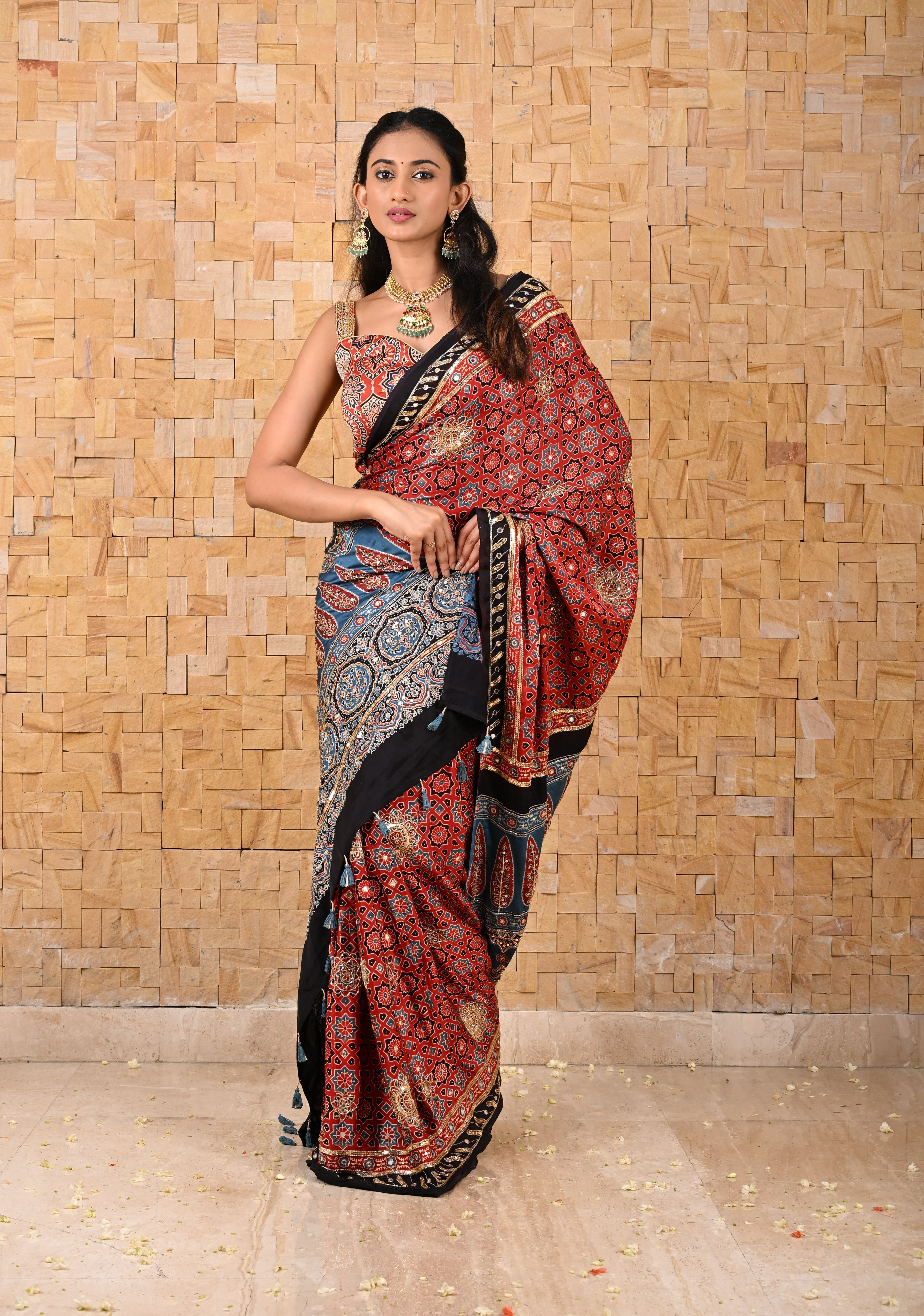Full Handwork on Authentic Ajrakh Handblock Print on Modal Silk Saree in red | Shobitam