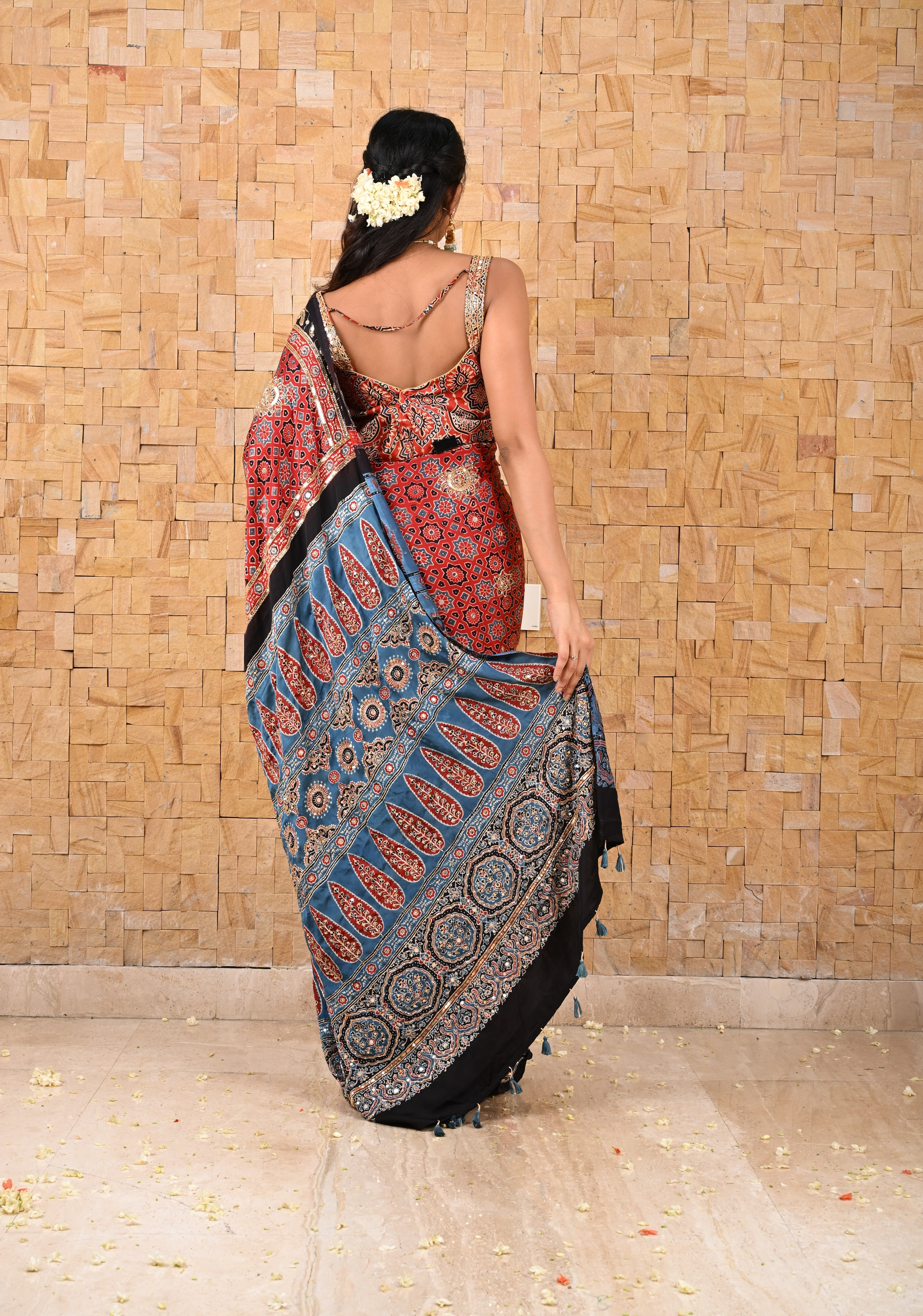 Full Handwork on Authentic Ajrakh Handblock Print on Modal Silk Saree in red | Shobitam