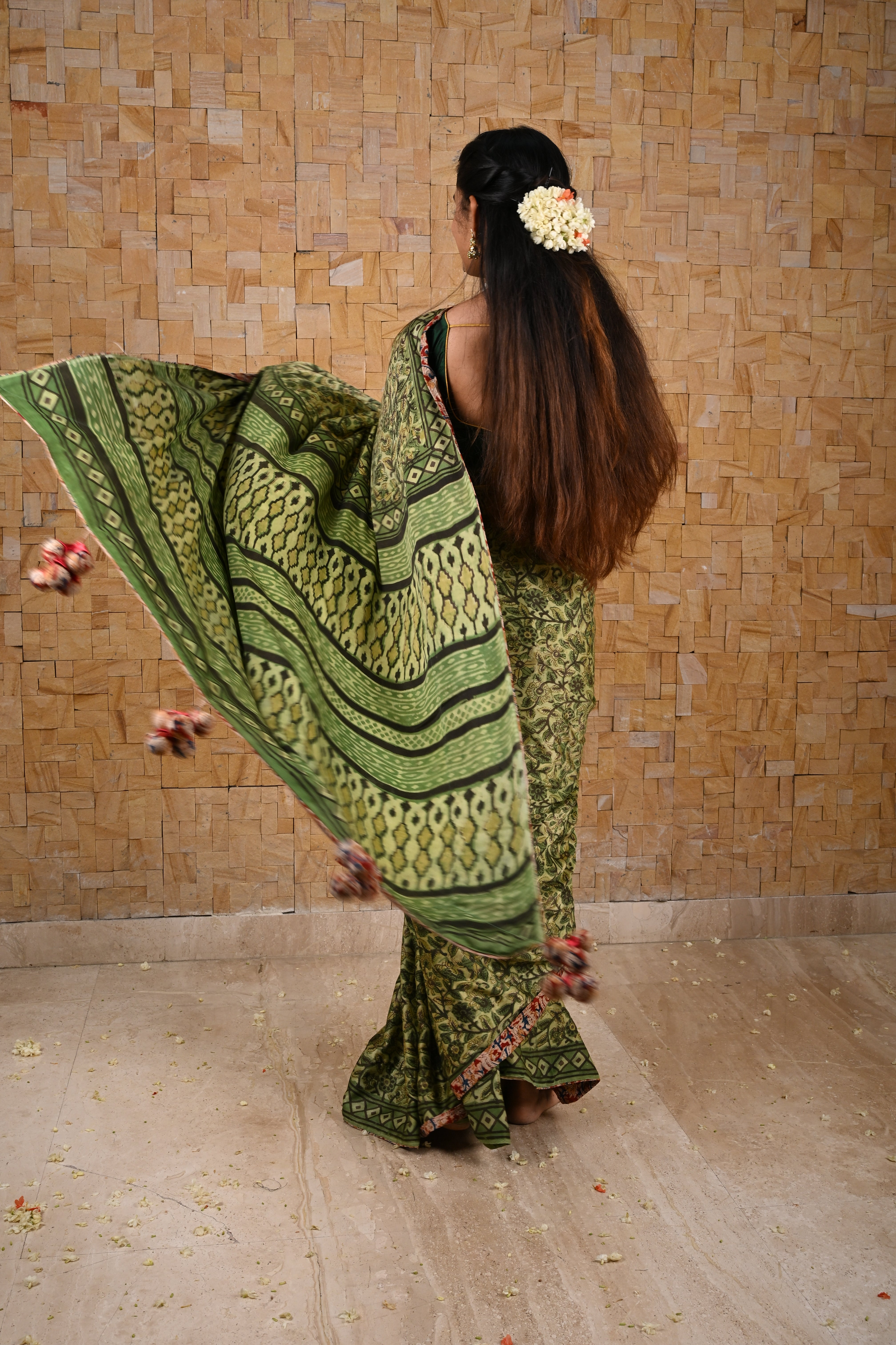 Vanaspati Hand Block Print on Modal Silk Saree in Moss Green with Kalamkari Border and Angoor latkans | Shobitam