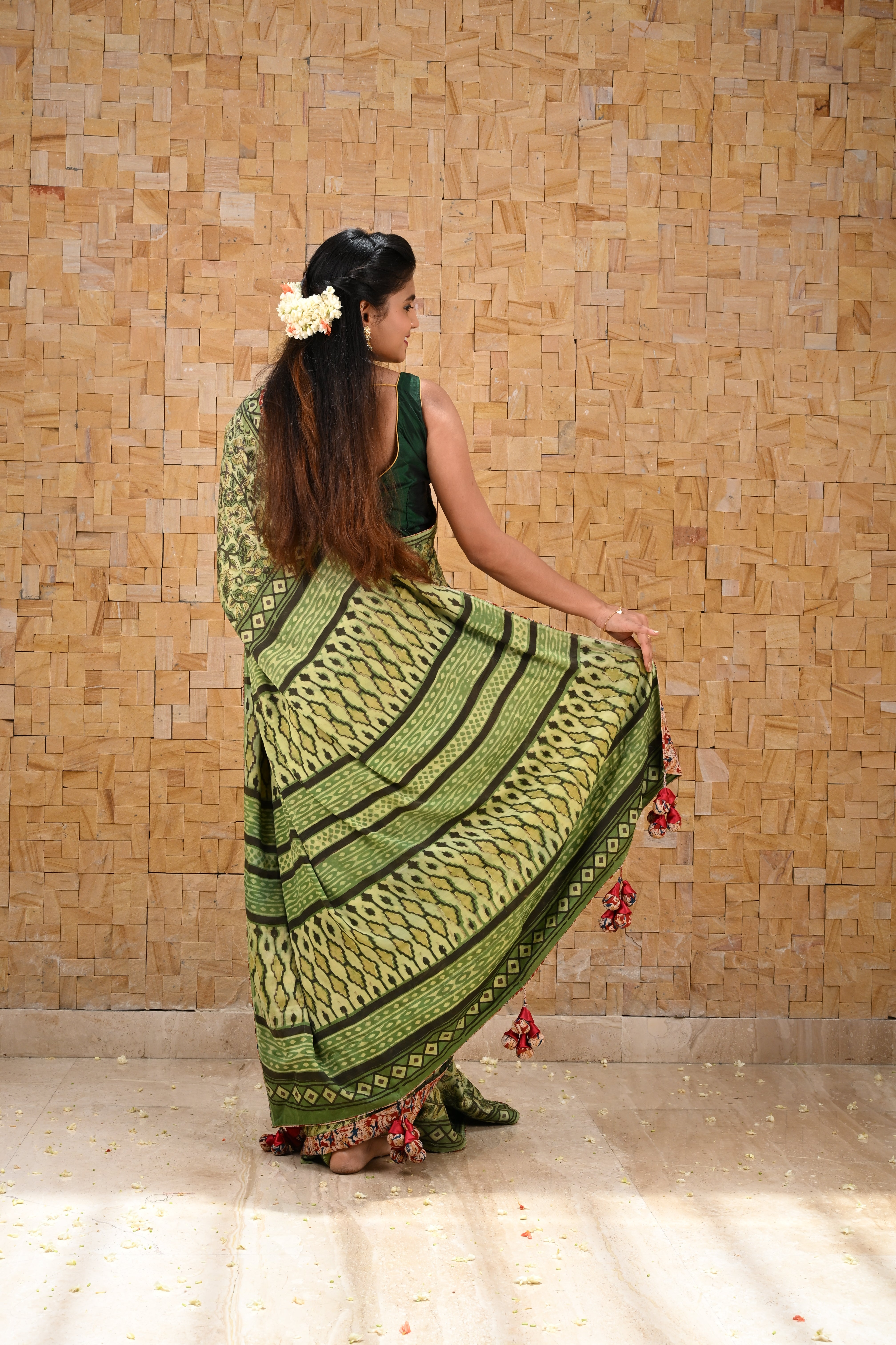 Vanaspati Hand Block Print on Modal Silk Saree in Moss Green with Kalamkari Border and Angoor latkans | Shobitam