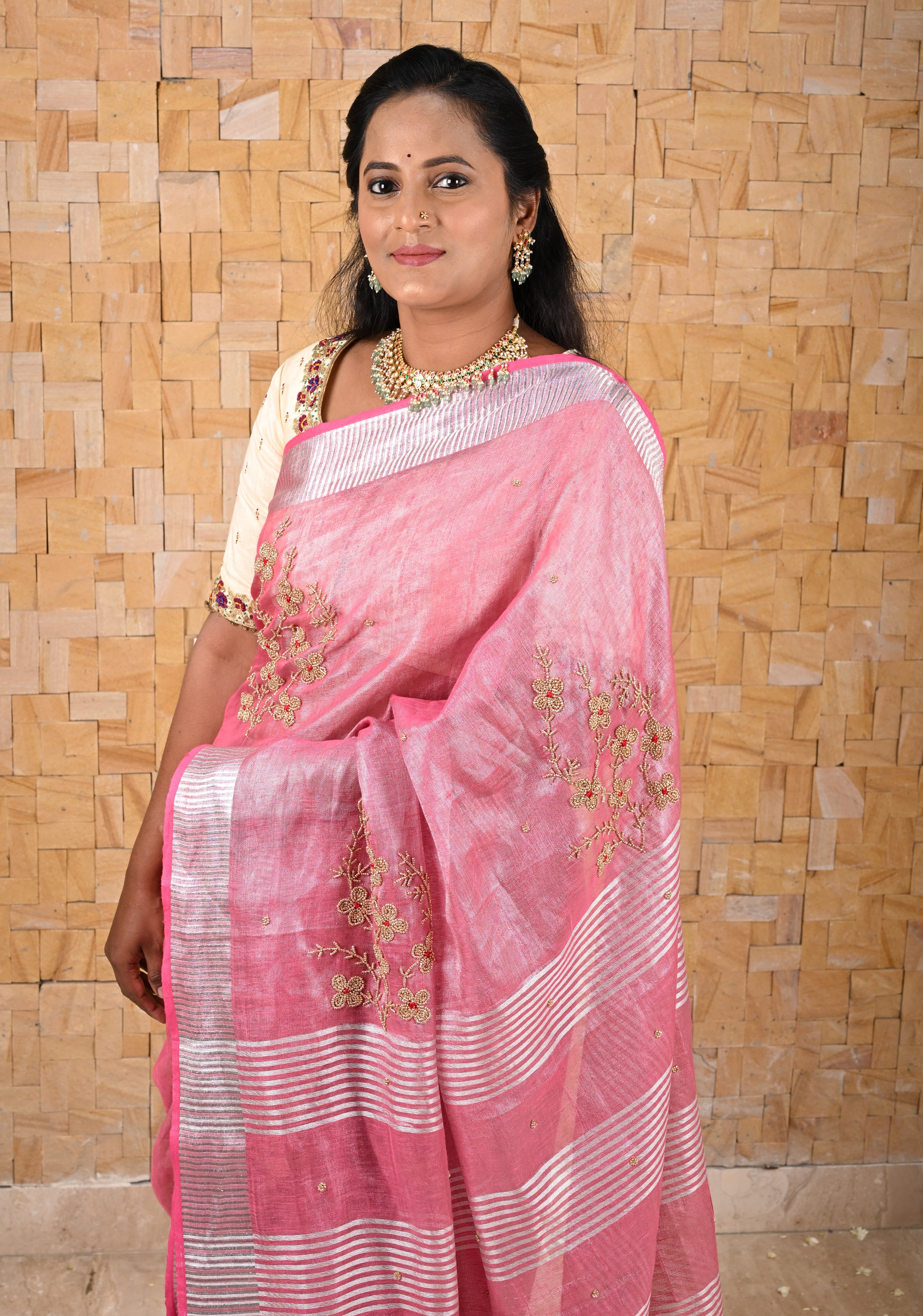 Pink Rose Tissue Linen Saree With Hand Beadwork with Silver Tissue | Shobitam