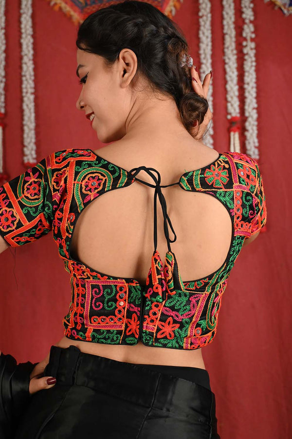 Multicolor Traditional Motif Thread Embroidered With Mirror Embellished & Stylized Back Gujrati Style Black Blouse