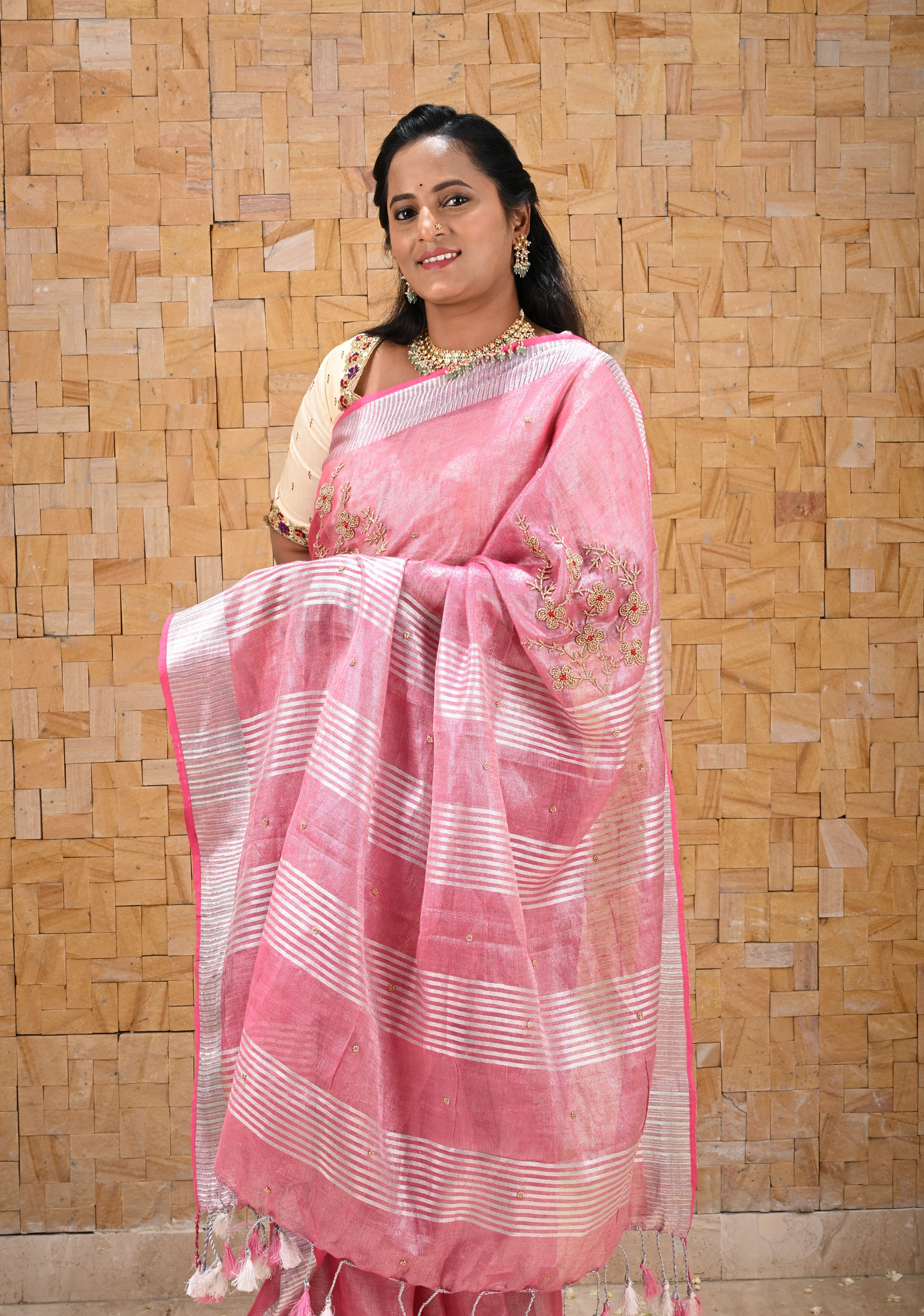 Pink Rose Tissue Linen Saree With Hand Beadwork with Silver Tissue | Shobitam