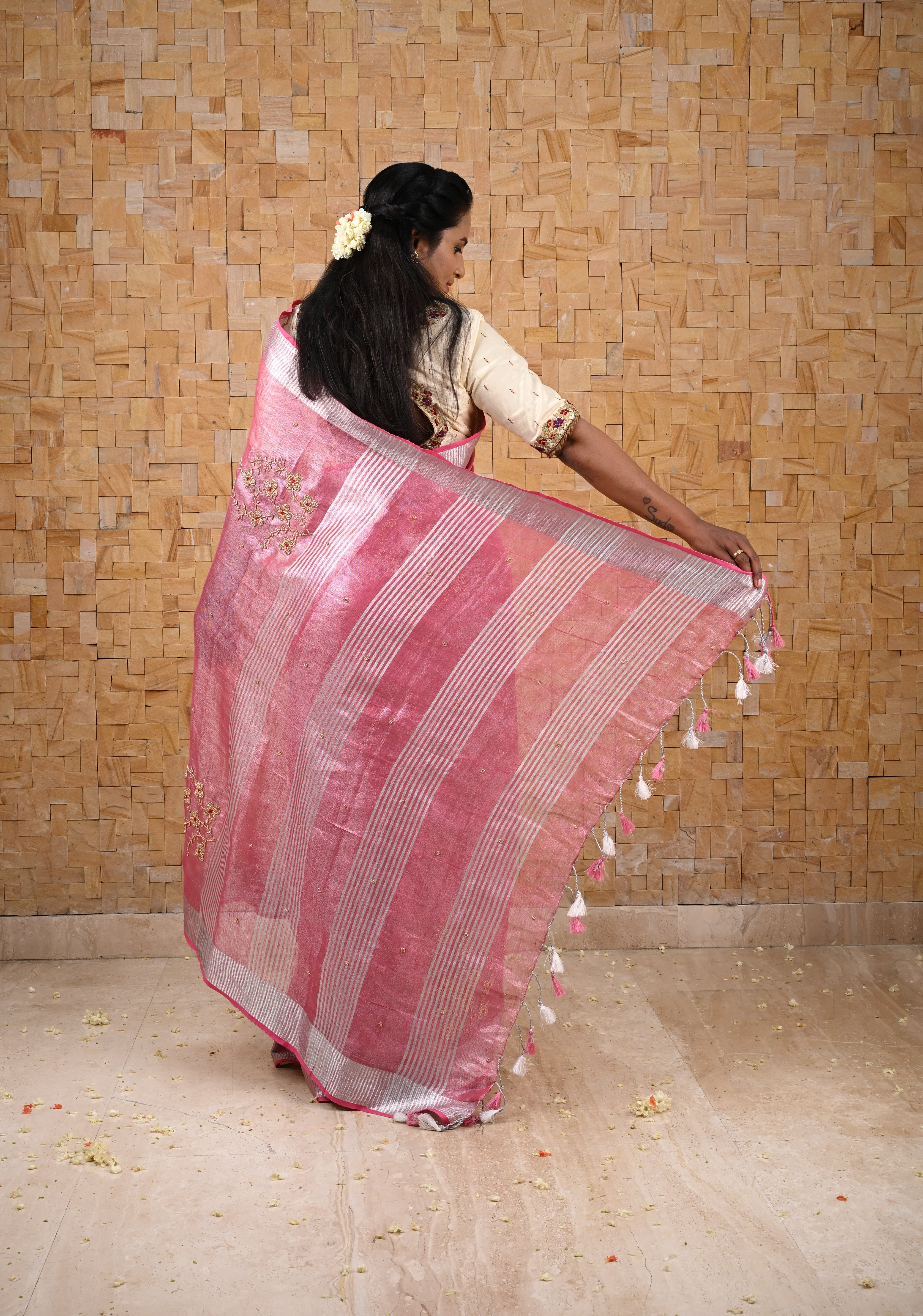 Pink Rose Tissue Linen Saree With Hand Beadwork with Silver Tissue | Shobitam