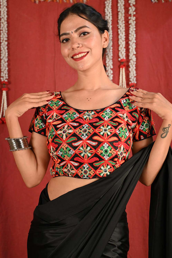 Multicolor  Motif Thread Embroidered With Mirror Embellished & Stylized Back Gujrati Style Black Blouse