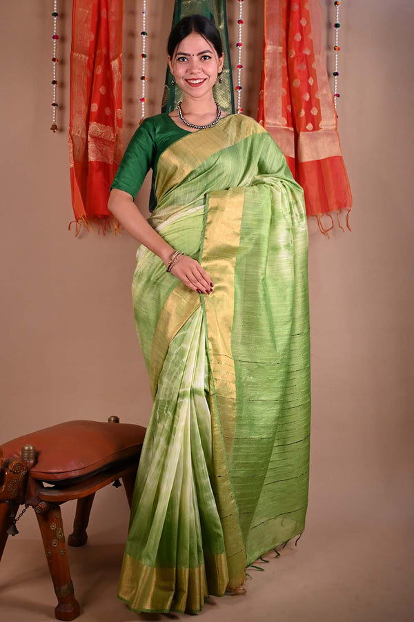 Beautiful Shibori Premium Bhagalpuri Cotton Silk with woven Zari and sequins With Ornate pallu Wrap in 1 minute saree