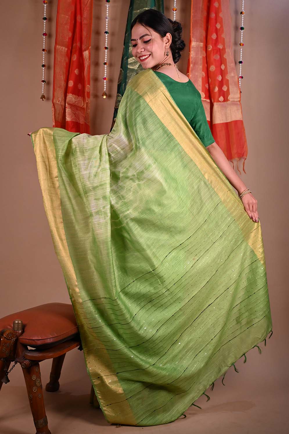 Beautiful Shibori Premium Bhagalpuri Cotton Silk with woven Zari and sequins With Ornate pallu Wrap in 1 minute saree - Isadora Life