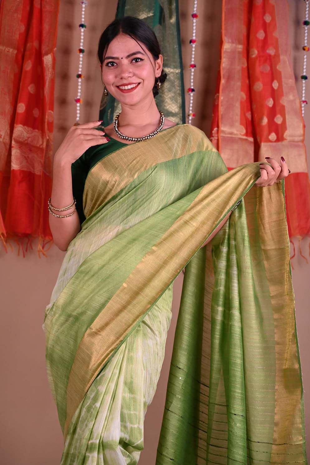 Beautiful Shibori Premium Bhagalpuri Cotton Silk with woven Zari and sequins With Ornate pallu Wrap in 1 minute saree - Isadora Life