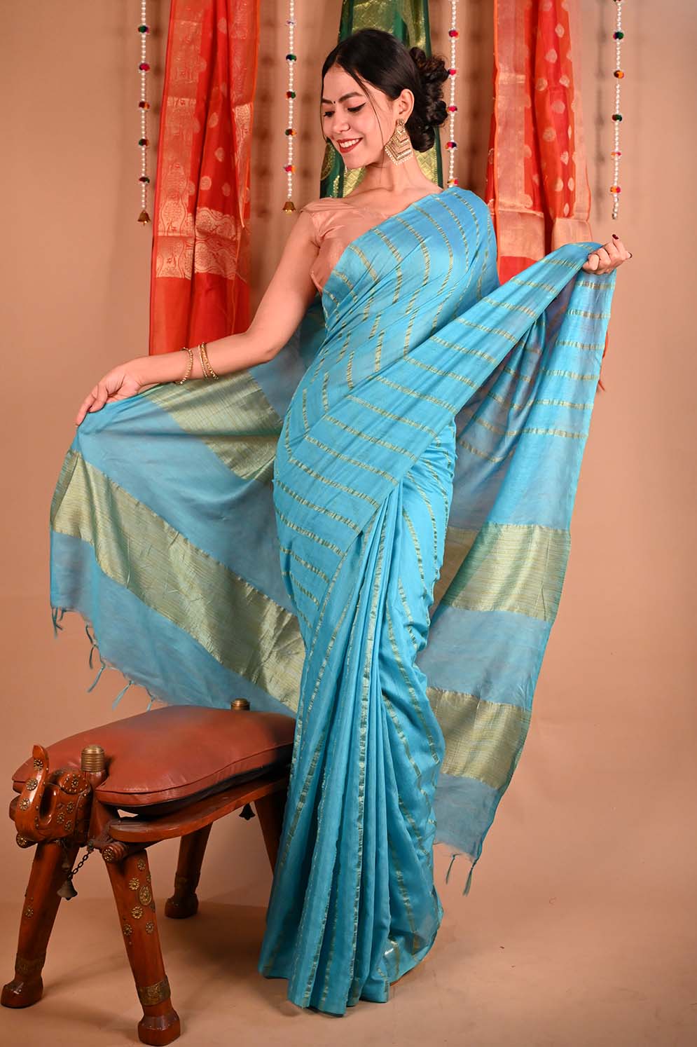 Ready To Wear Blue Premium Bhagalpuri Cotton Silk with woven zari embedded With Ornate Pallu  Wrap in 1 minute saree - Isadora Life