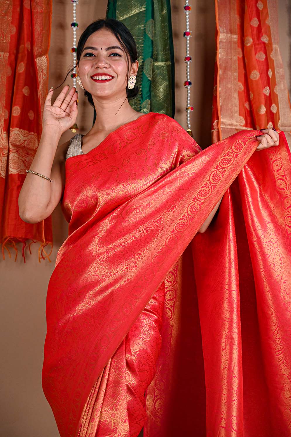 Ready To Wear Festive Rich Kanchipuram Red Dhoop Chaanv Wrap in 1 minute saree - Isadora Life