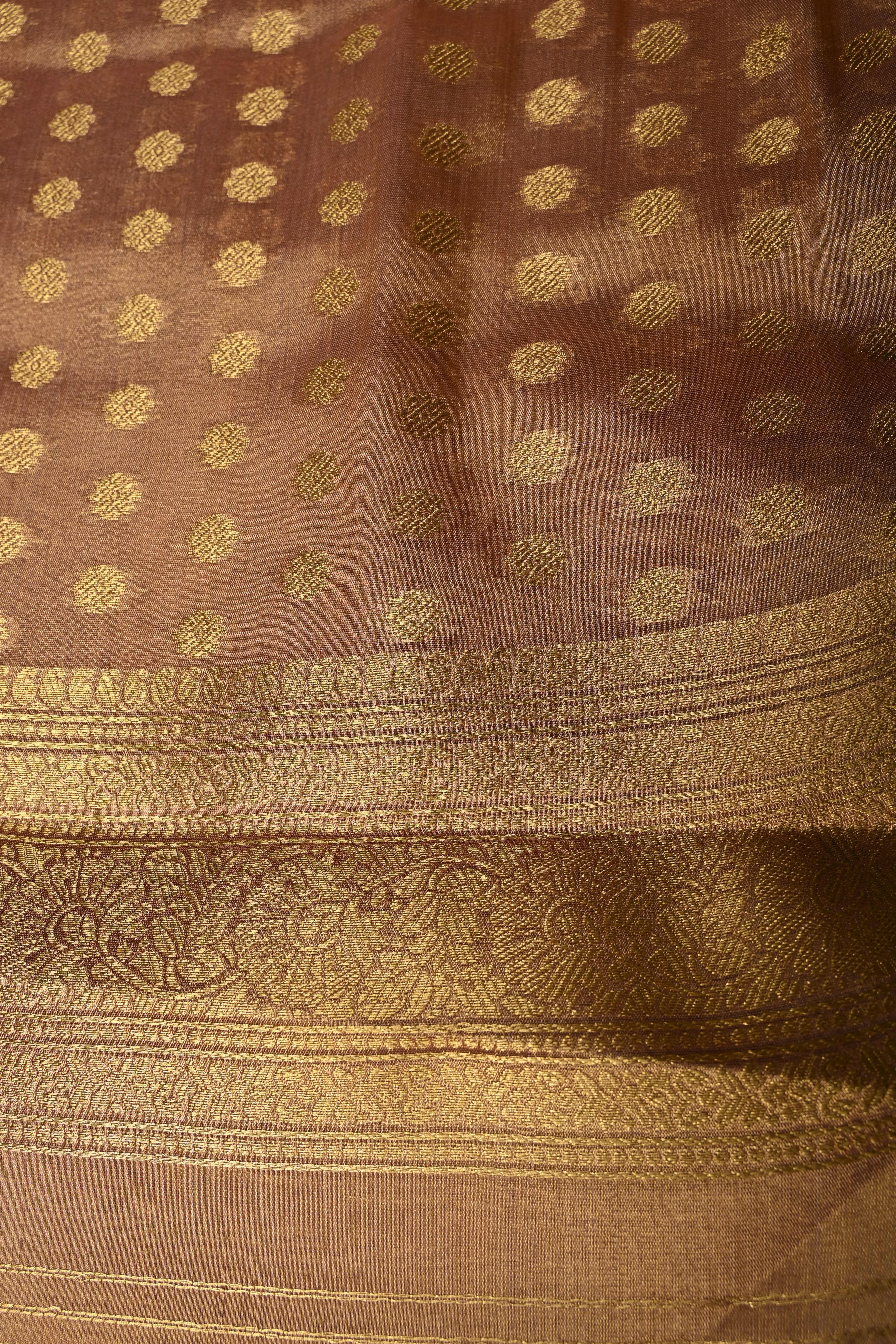 Dusty Pink-Gold Kanchi Tissue Semi Silk Saree with Gandaberunda Zari Buttas and Zari Border | Shobitam