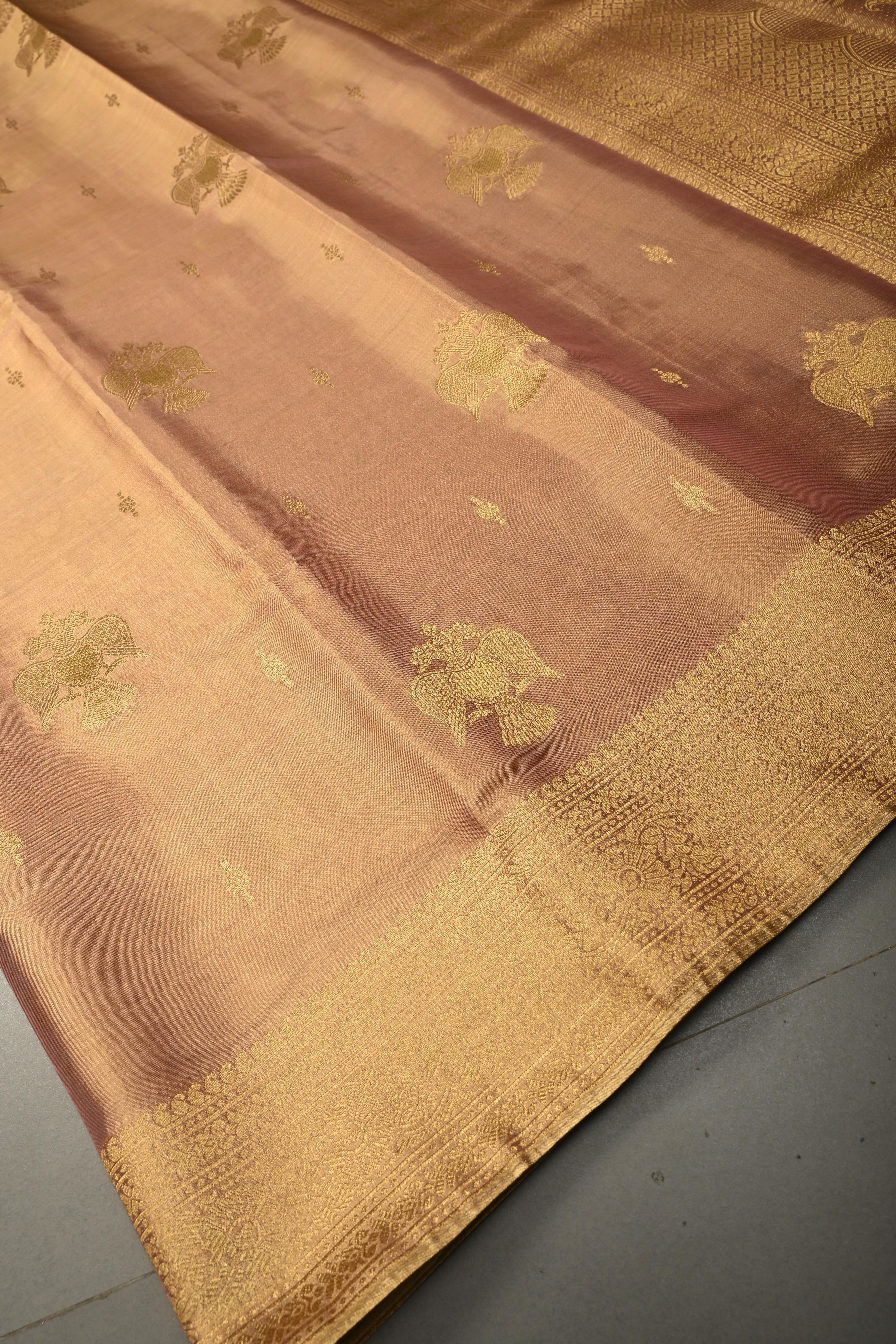 Dusty Pink-Gold Kanchi Tissue Semi Silk Saree with Gandaberunda Zari Buttas and Zari Border | Shobitam