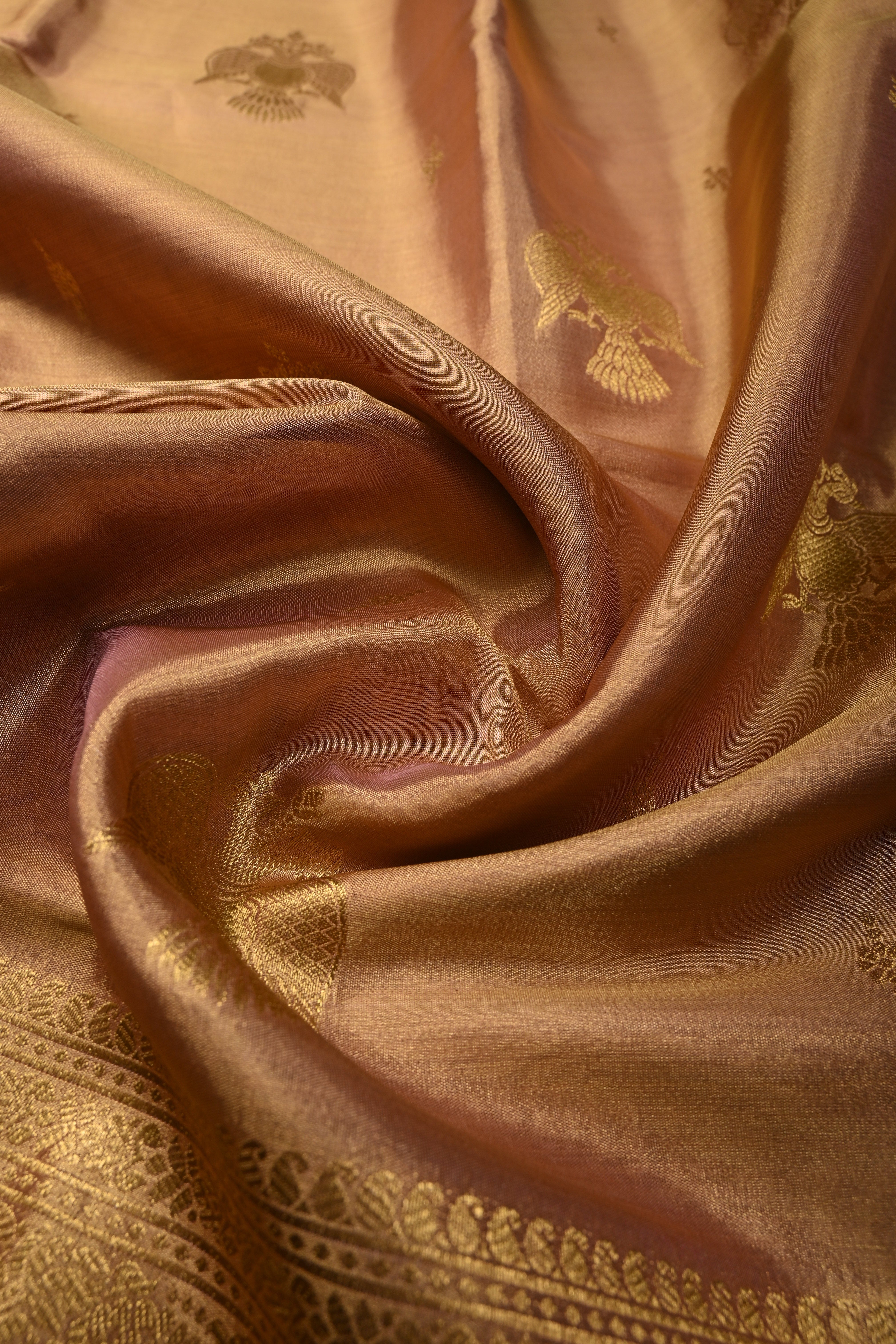 Dusty Pink-Gold Kanchi Tissue Semi Silk Saree with Gandaberunda Zari Buttas and Zari Border | Shobitam