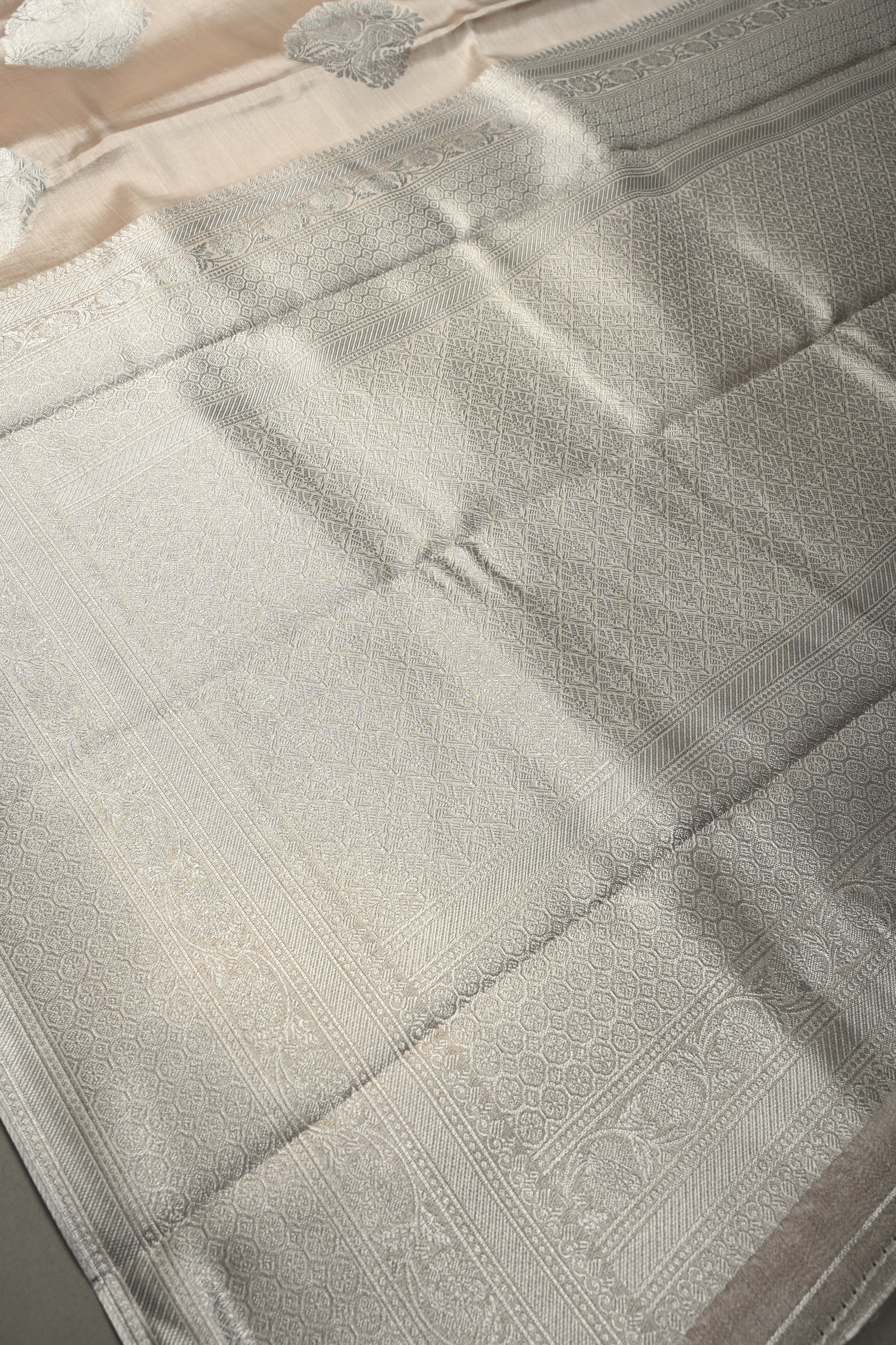 Taupe-Silver Kanchi Tissue Semi Silk Saree with Parrot Zari Buttas and Zari Border | Shobitam