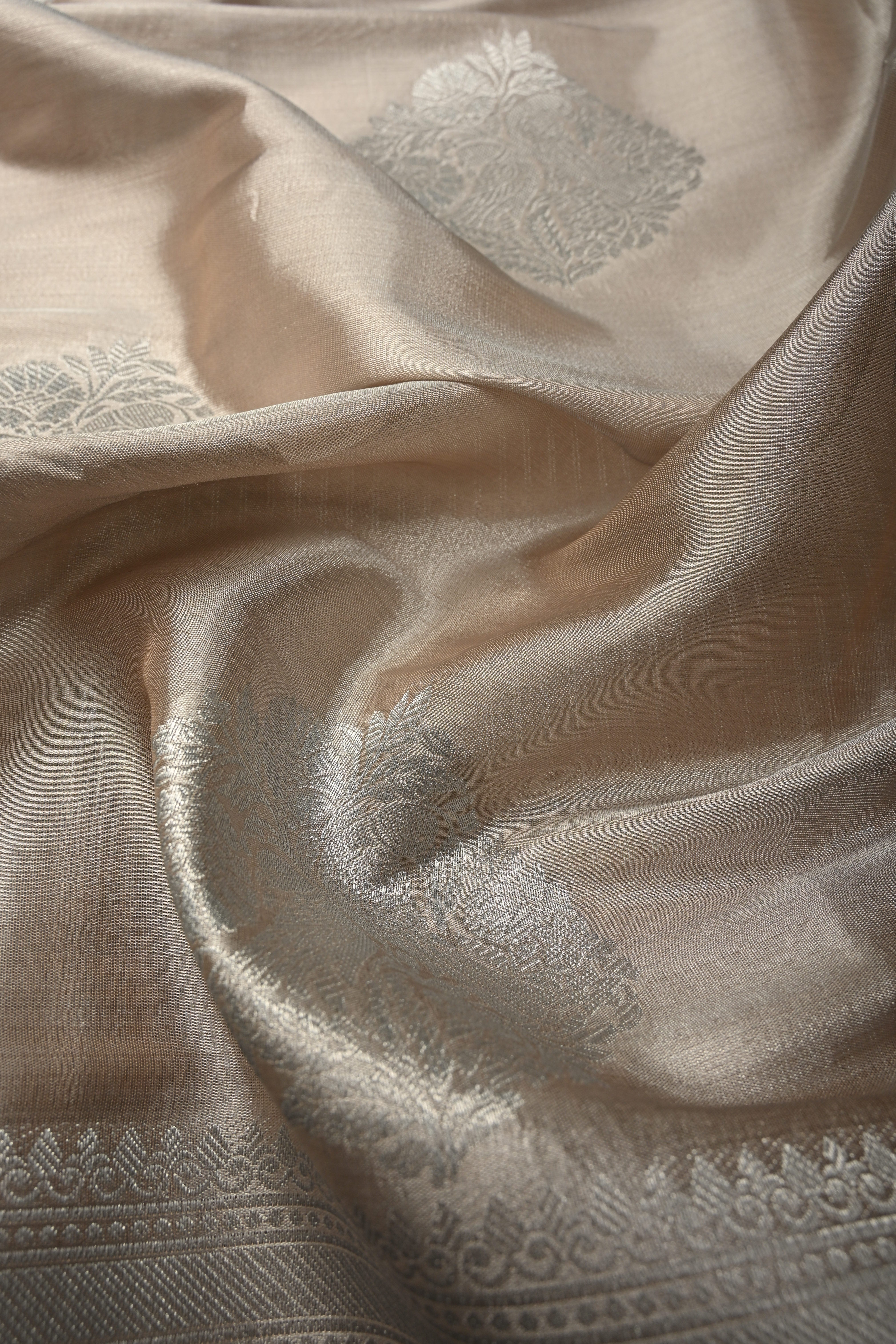 Taupe-Silver Kanchi Tissue Semi Silk Saree with Parrot Zari Buttas and Zari Border | Shobitam