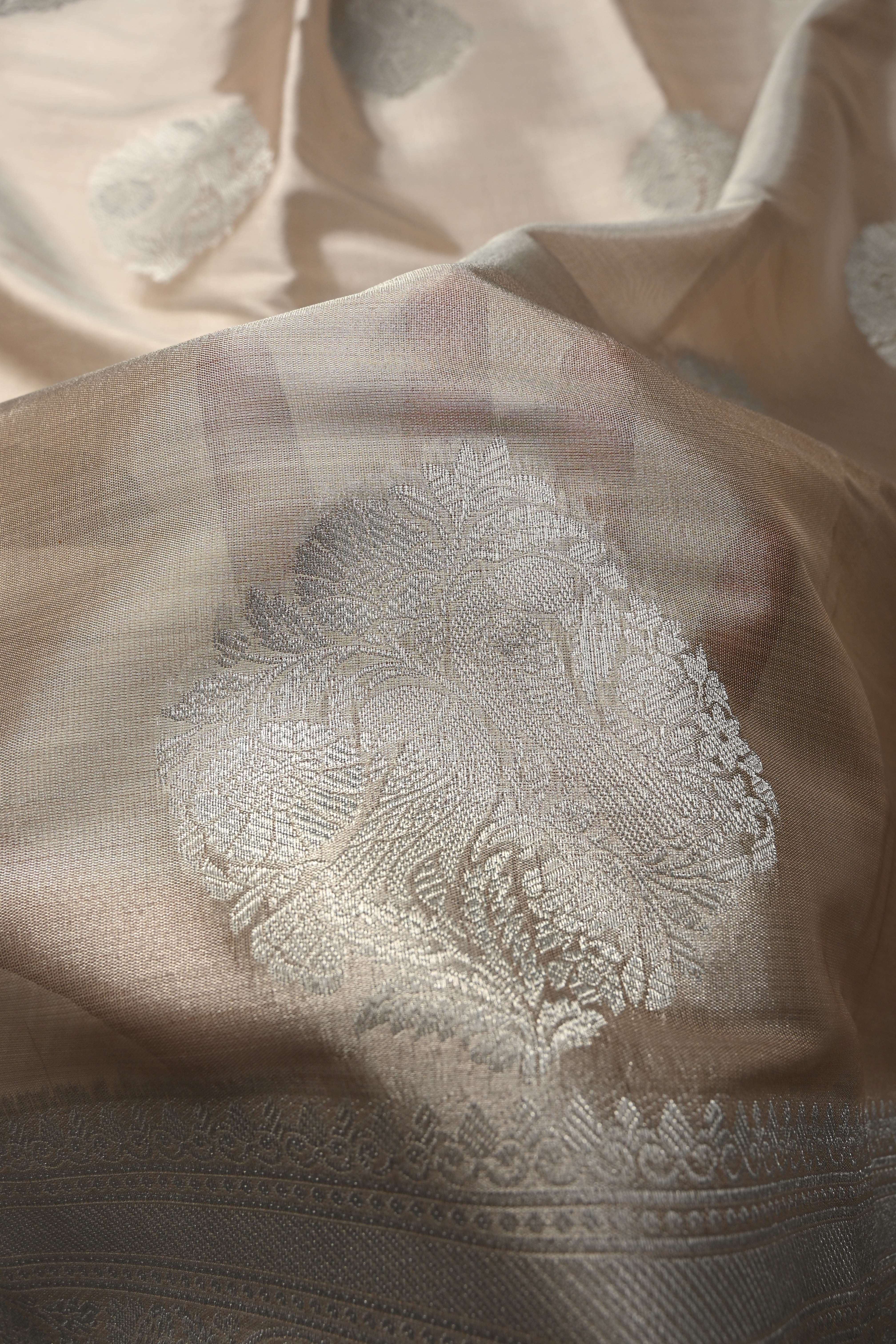 Taupe-Silver Kanchi Tissue Semi Silk Saree with Parrot Zari Buttas and Zari Border | Shobitam