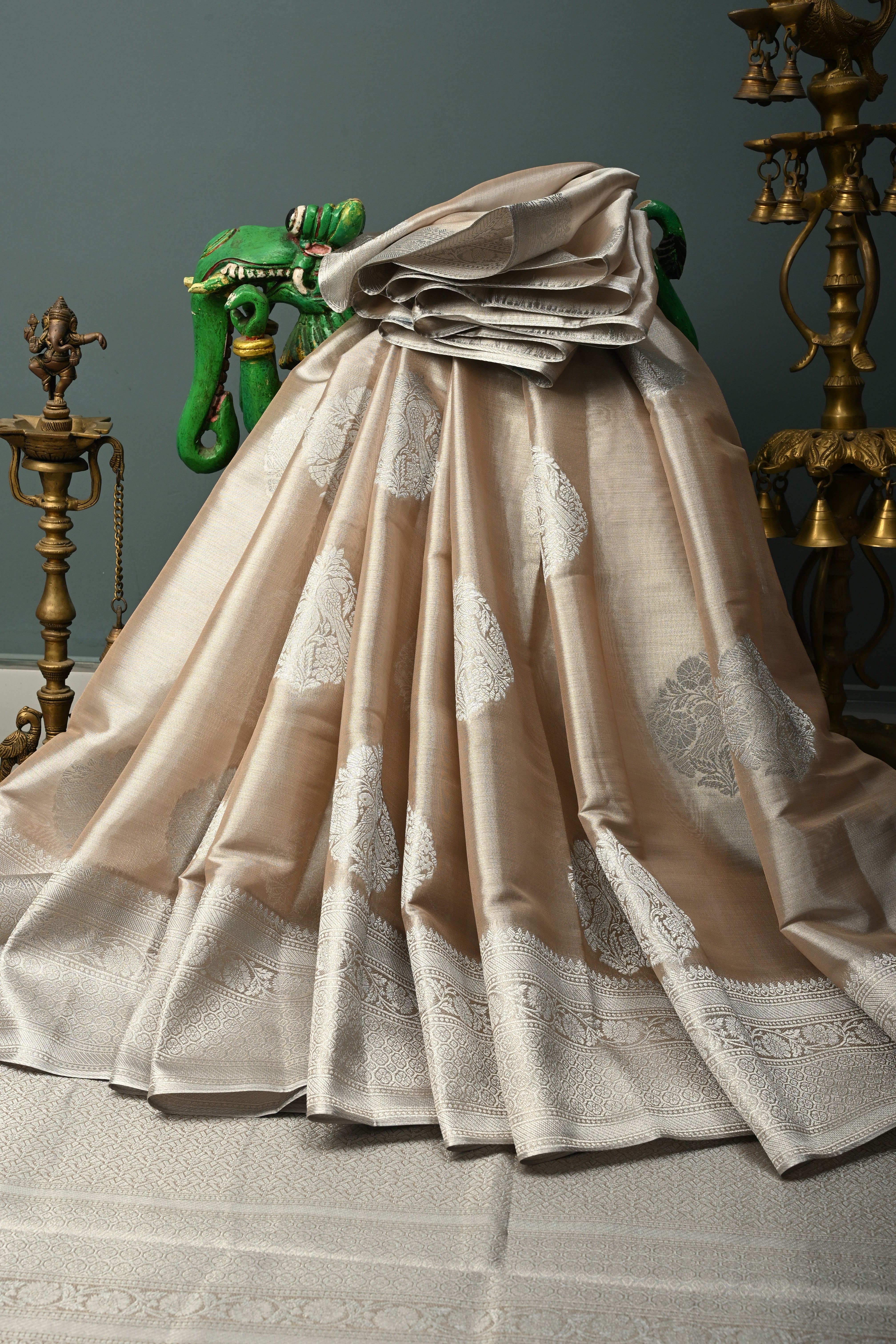 Taupe-Silver Kanchi Tissue Semi Silk Saree with Parrot Zari Buttas and Zari Border | Shobitam