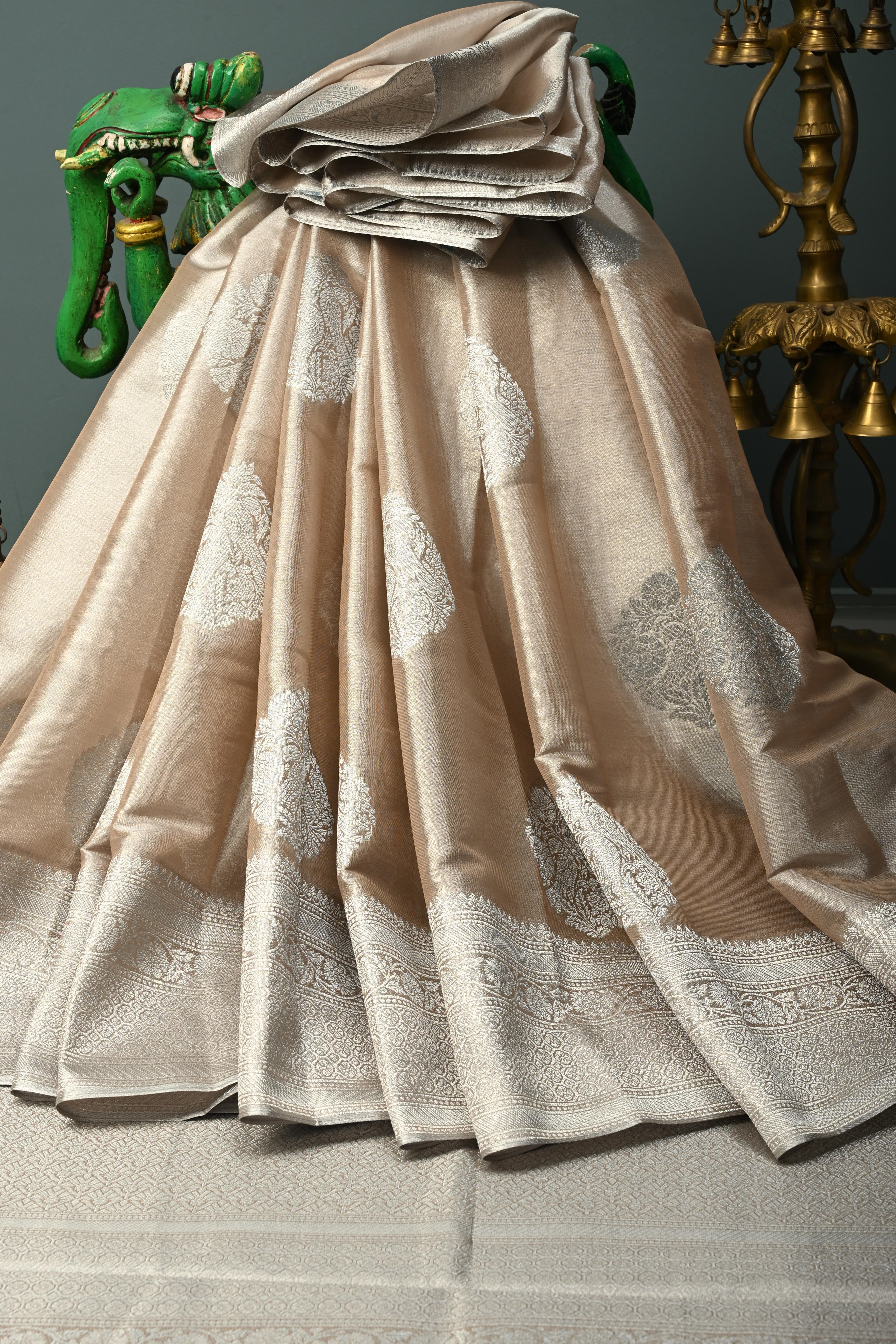 Taupe-Silver Kanchi Tissue Semi Silk Saree with Parrot Zari Buttas and Zari Border | Shobitam