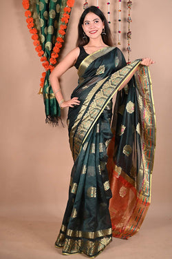 Ready To Wear Green Organza Kanjeevaram With Zari Ethnic Motif And Contrast Border Ornate Pallu  Wrap in 1 minute saree - Isadora Life
