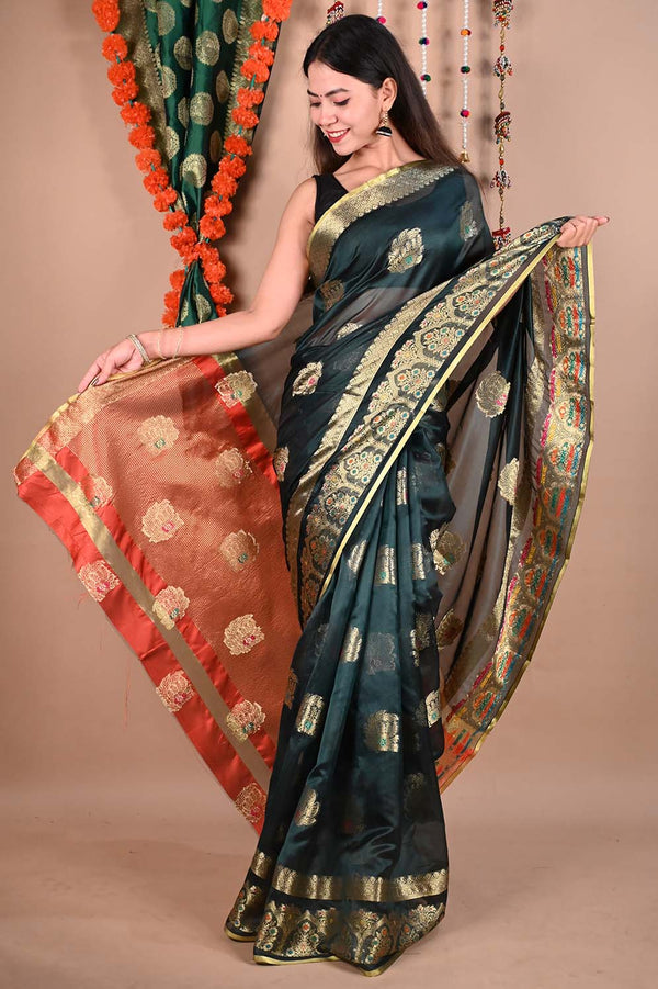Ready To Wear Green Organza Kanjeevaram With Zari Ethnic Motif And Contrast Border Ornate Pallu  Wrap in 1 minute saree