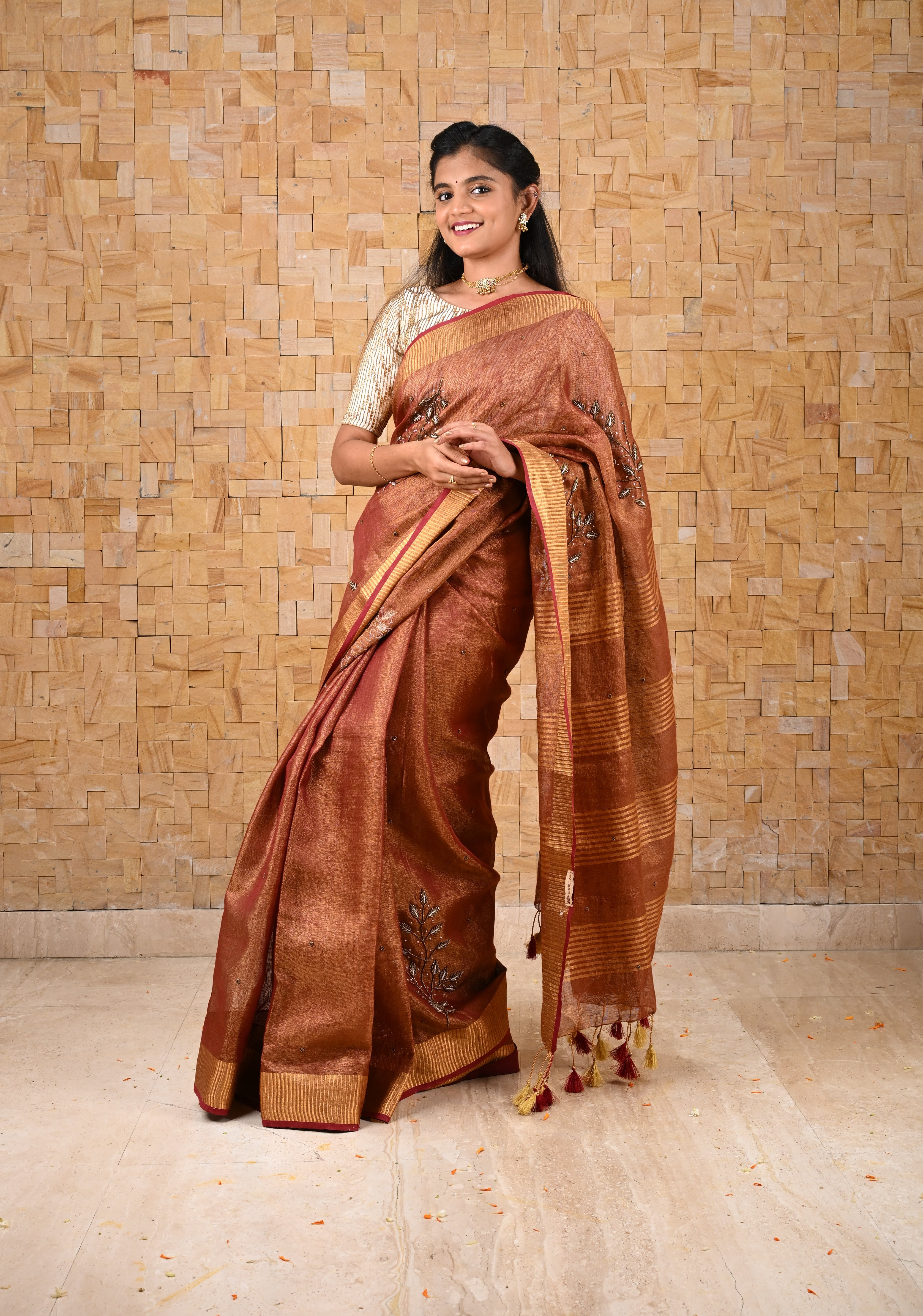 Golden Tissue Linen Saree in Reddish-Brown with Bead Embellishments | Shobitam