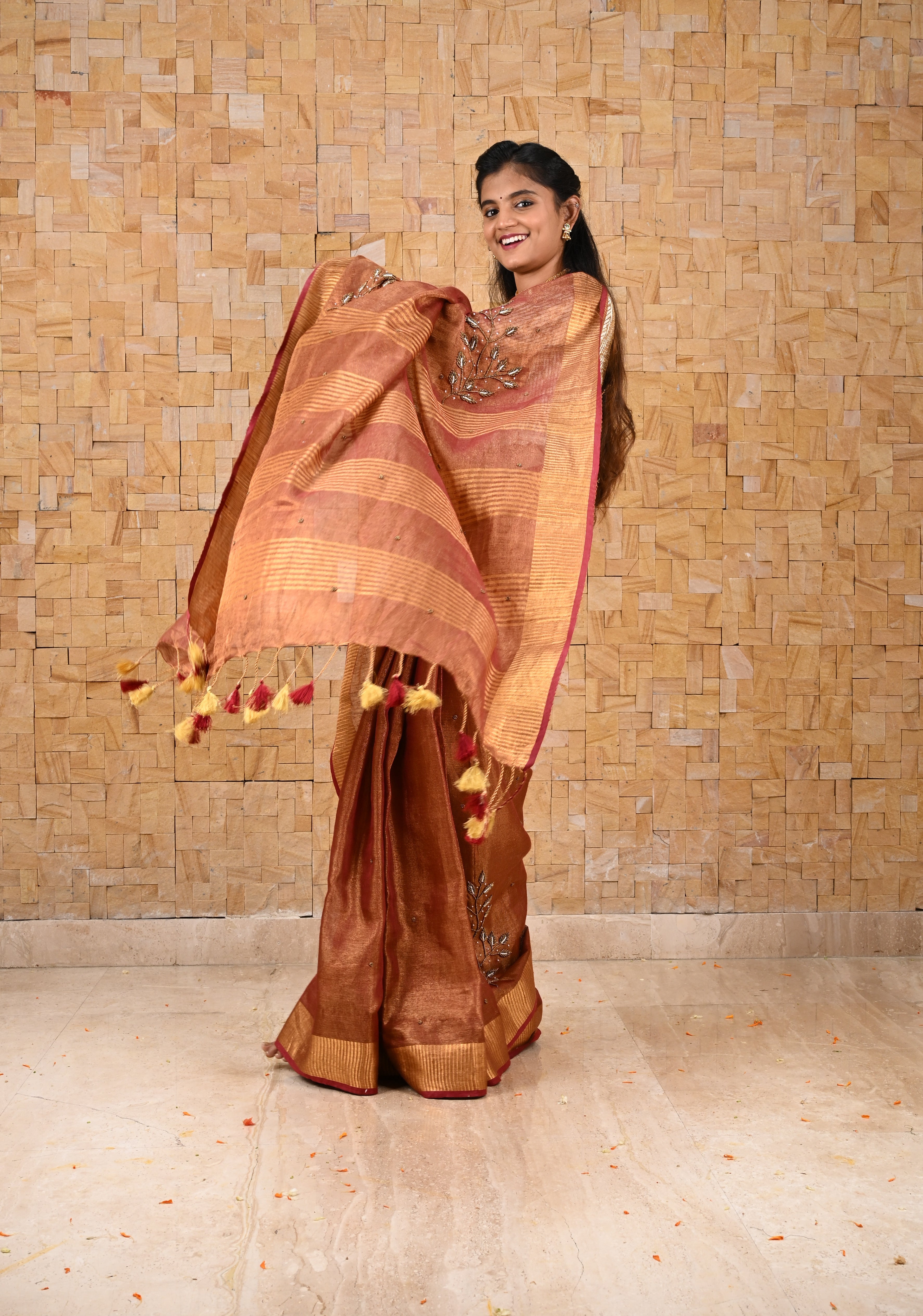 Golden Tissue Linen Saree in Reddish-Brown with Bead Embellishments | Shobitam
