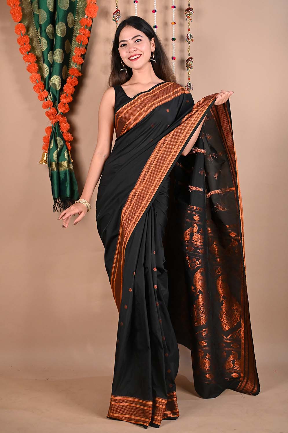 Ready To Wear South Cotton  Silk Butta Saree with Zari Border Wrap in 1 minute saree - Isadora Life