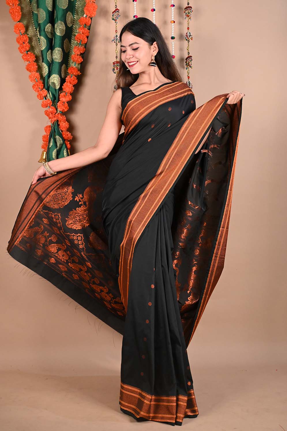 Ready To Wear South Cotton  Silk Butta Saree with Zari Border Wrap in 1 minute saree - Isadora Life