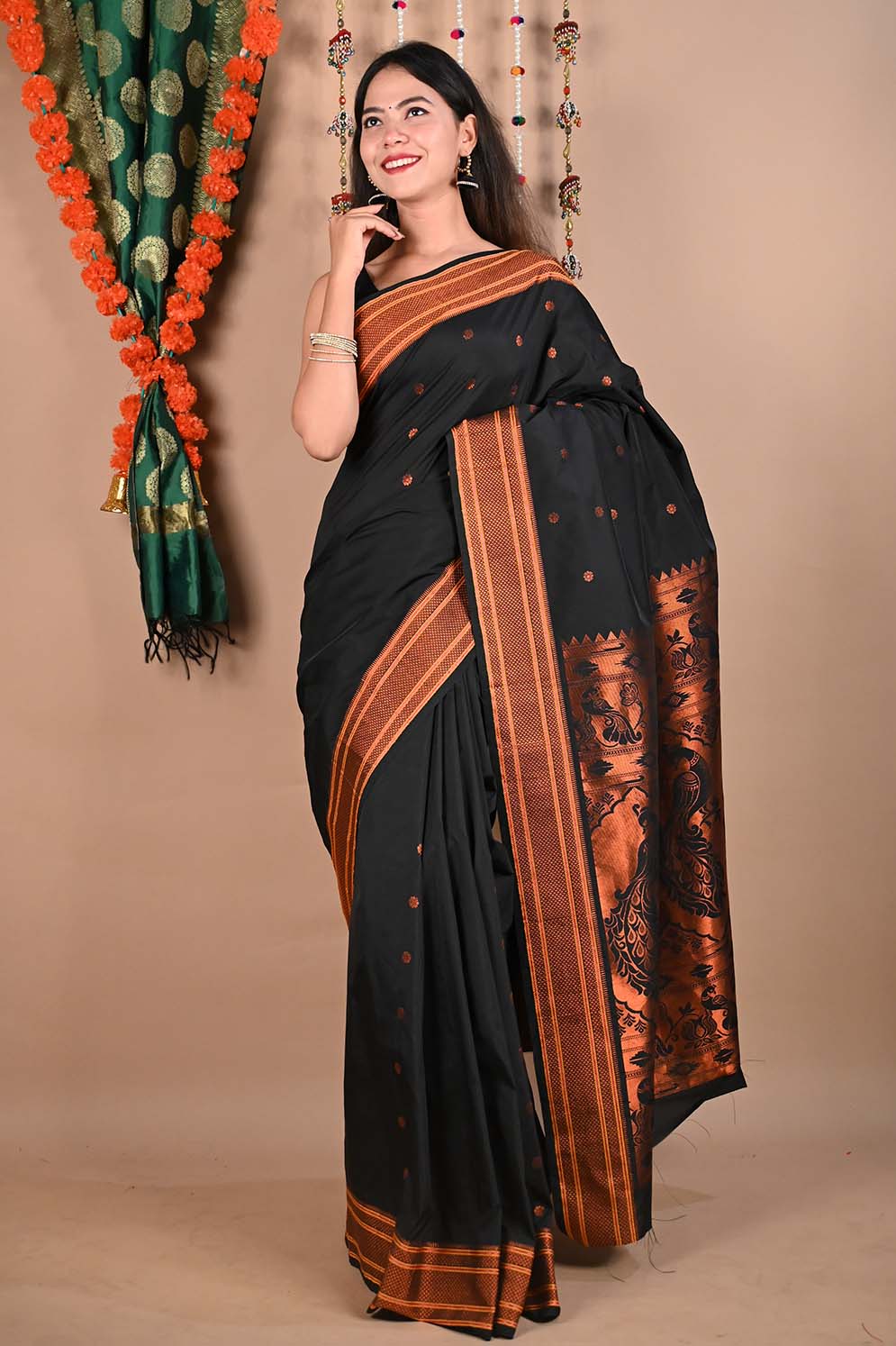 Ready To Wear South Cotton  Silk Butta Saree with Zari Border Wrap in 1 minute saree - Isadora Life