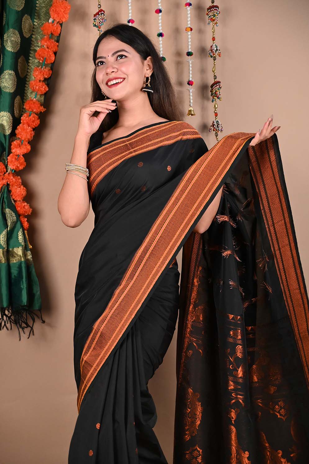 Ready To Wear South Cotton  Silk Butta Saree with Zari Border Wrap in 1 minute saree - Isadora Life