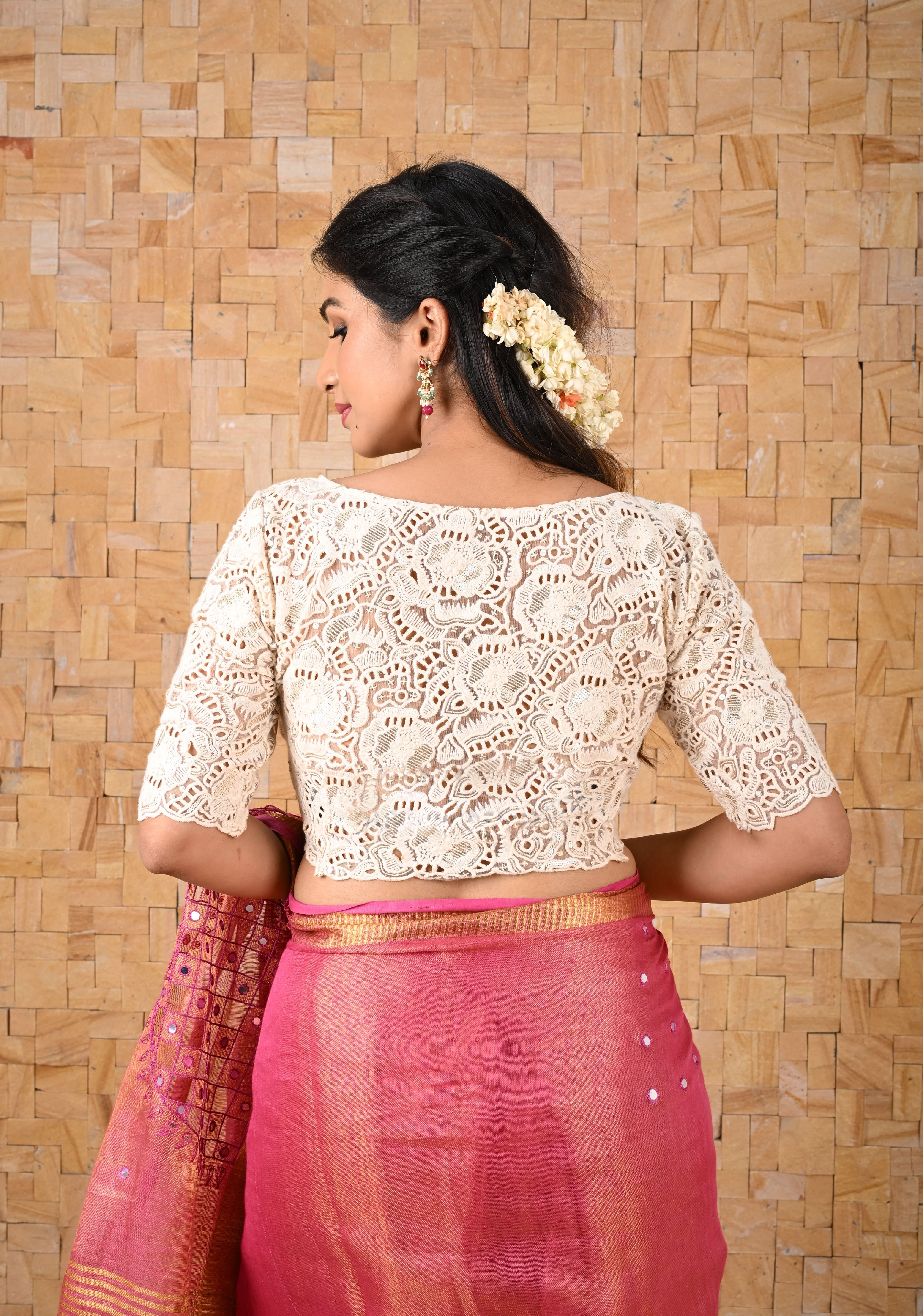 Crochet Style All Over jaal Ivory Blouse with Sheer Back and Sleeves, Customizable, Made to Order | Shobitam