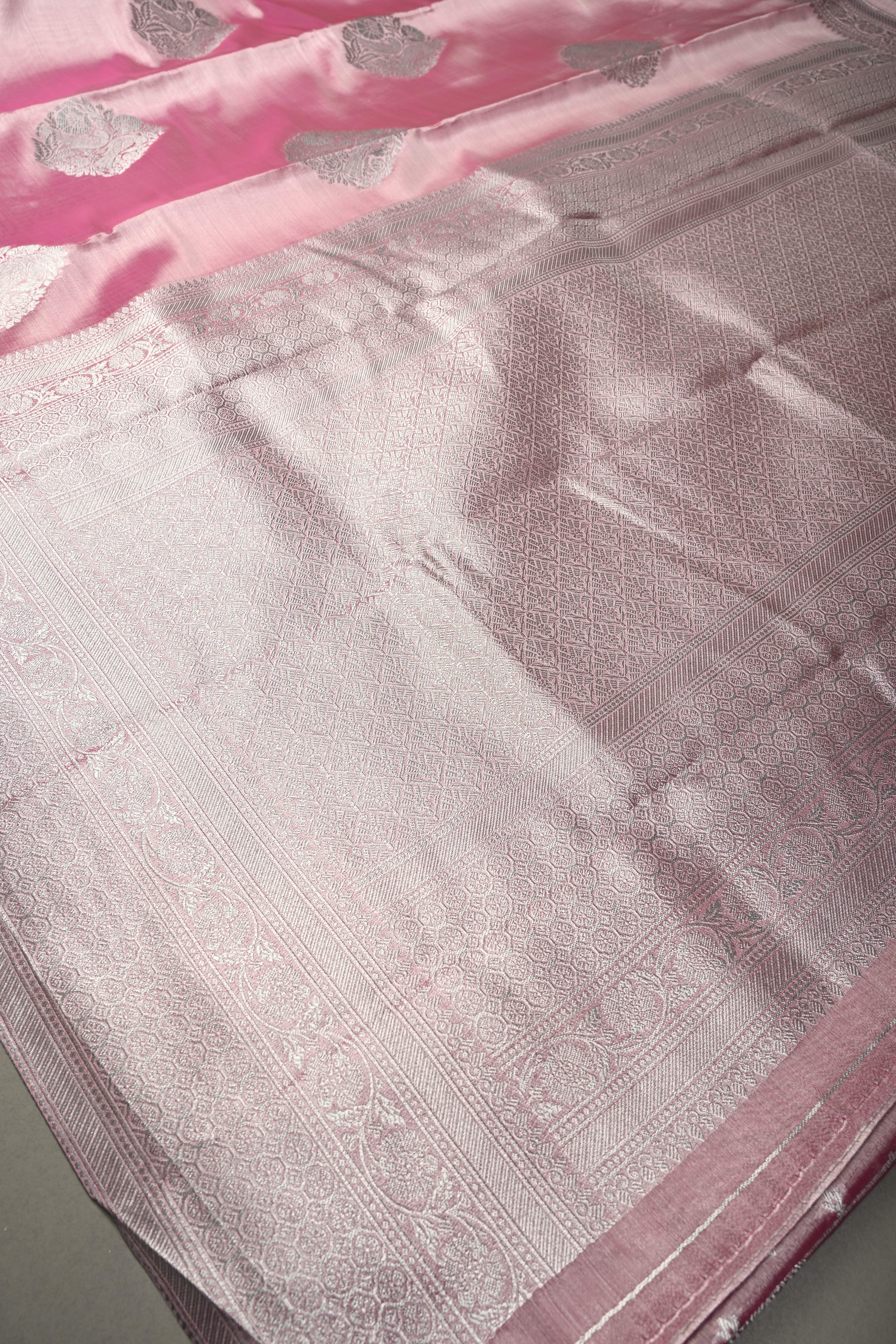 Rose Pink-Silver Kanchi Tissue Semi Silk Saree with Parrot Zari Buttas and Zari Border | Shobitam