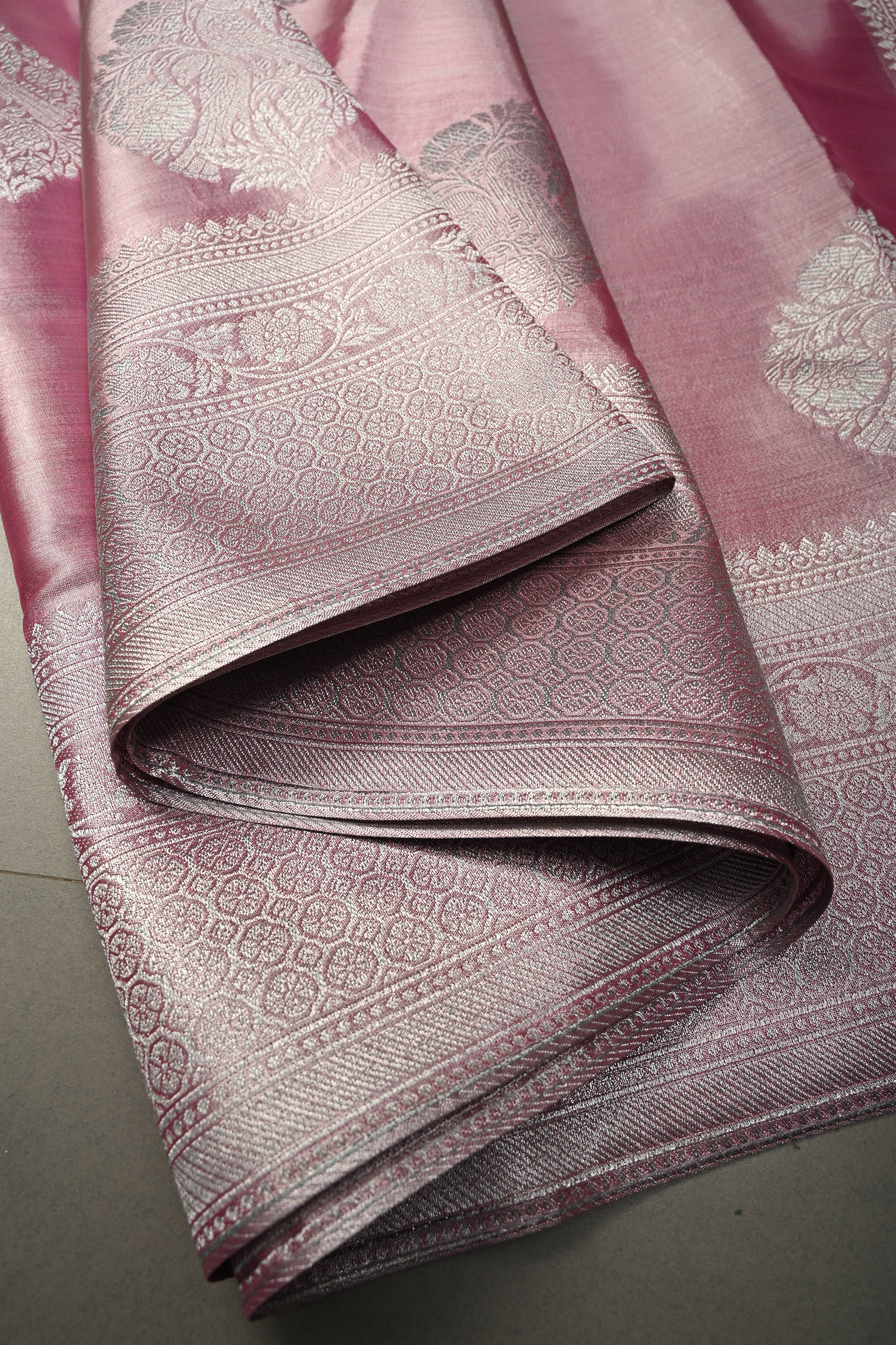 Rose Pink-Silver Kanchi Tissue Semi Silk Saree with Parrot Zari Buttas and Zari Border | Shobitam