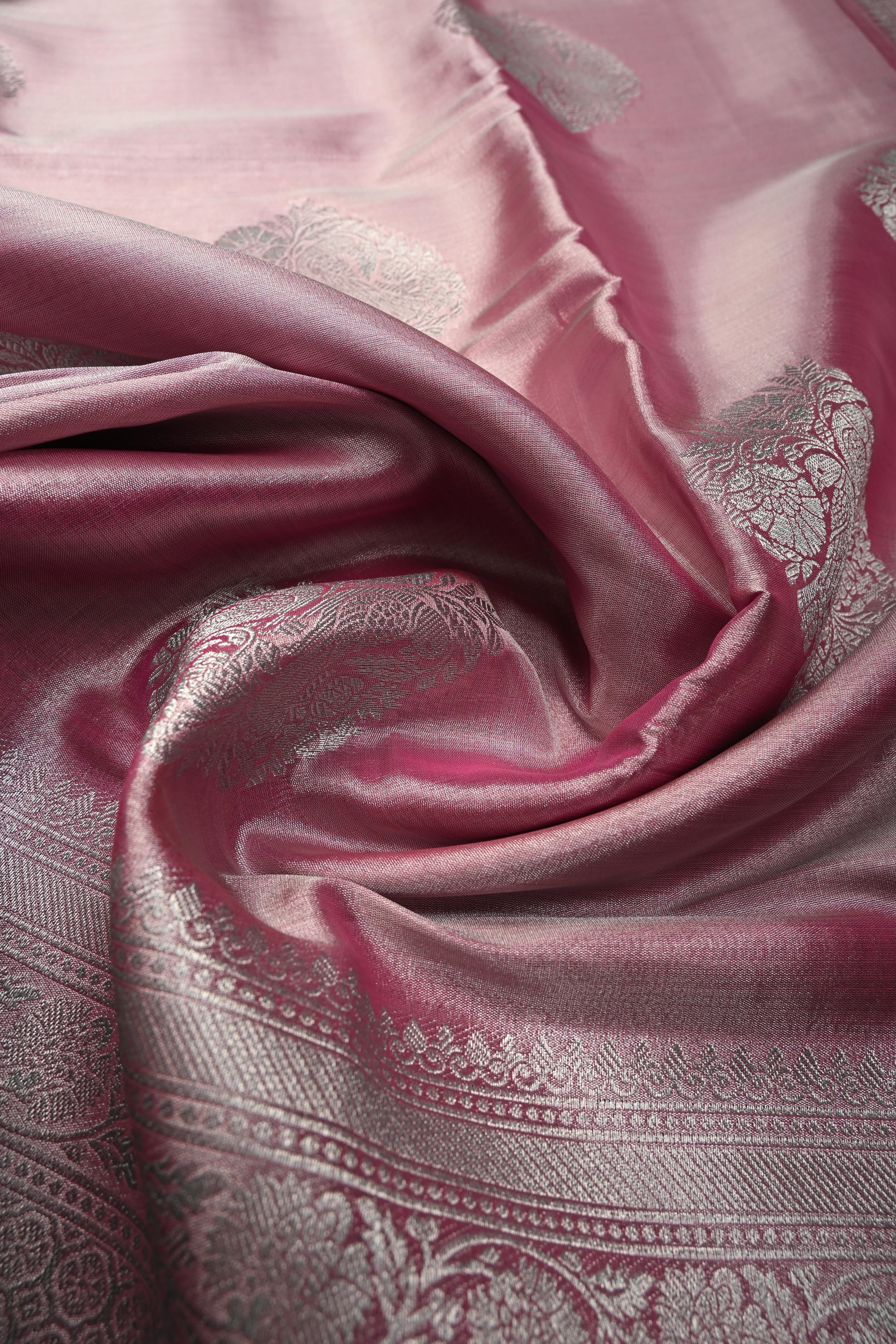 Rose Pink-Silver Kanchi Tissue Semi Silk Saree with Parrot Zari Buttas and Zari Border | Shobitam