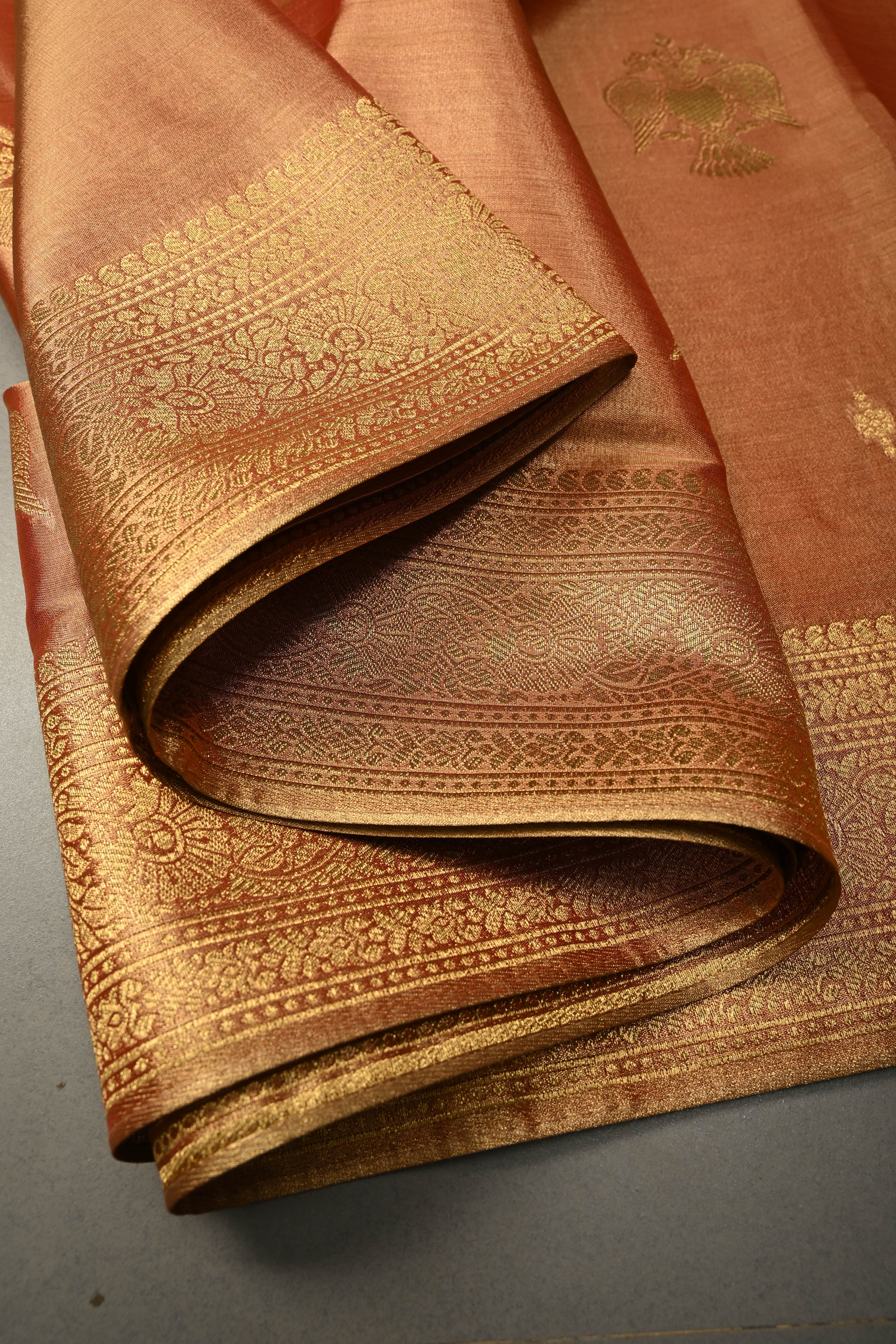 Reddish-Gold Kanchi Tissue Semi Silk Saree with Gandaberunda Zari Buttas and Zari Border | Shobitam