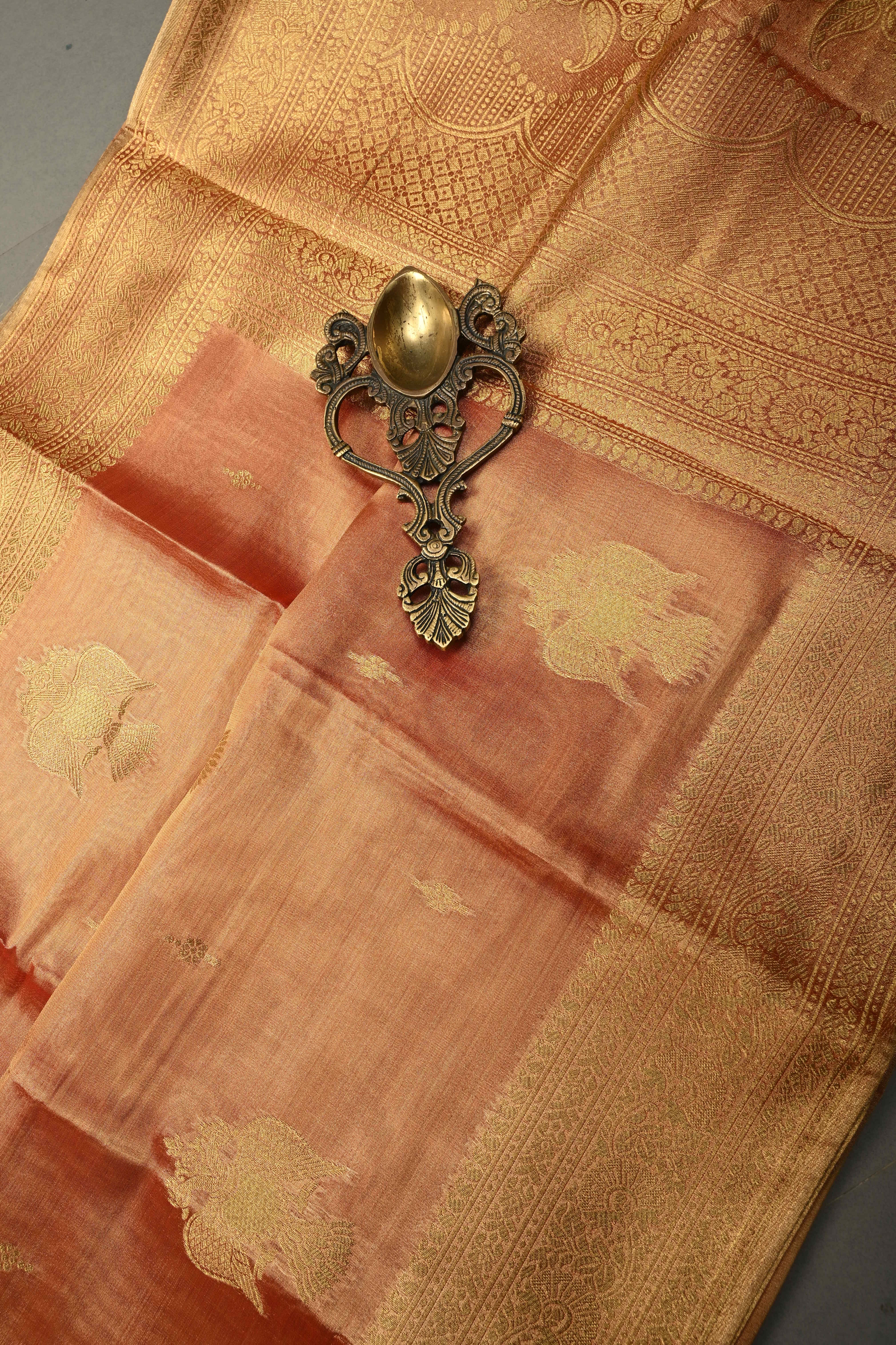 Reddish-Gold Kanchi Tissue Semi Silk Saree with Gandaberunda Zari Buttas and Zari Border | Shobitam
