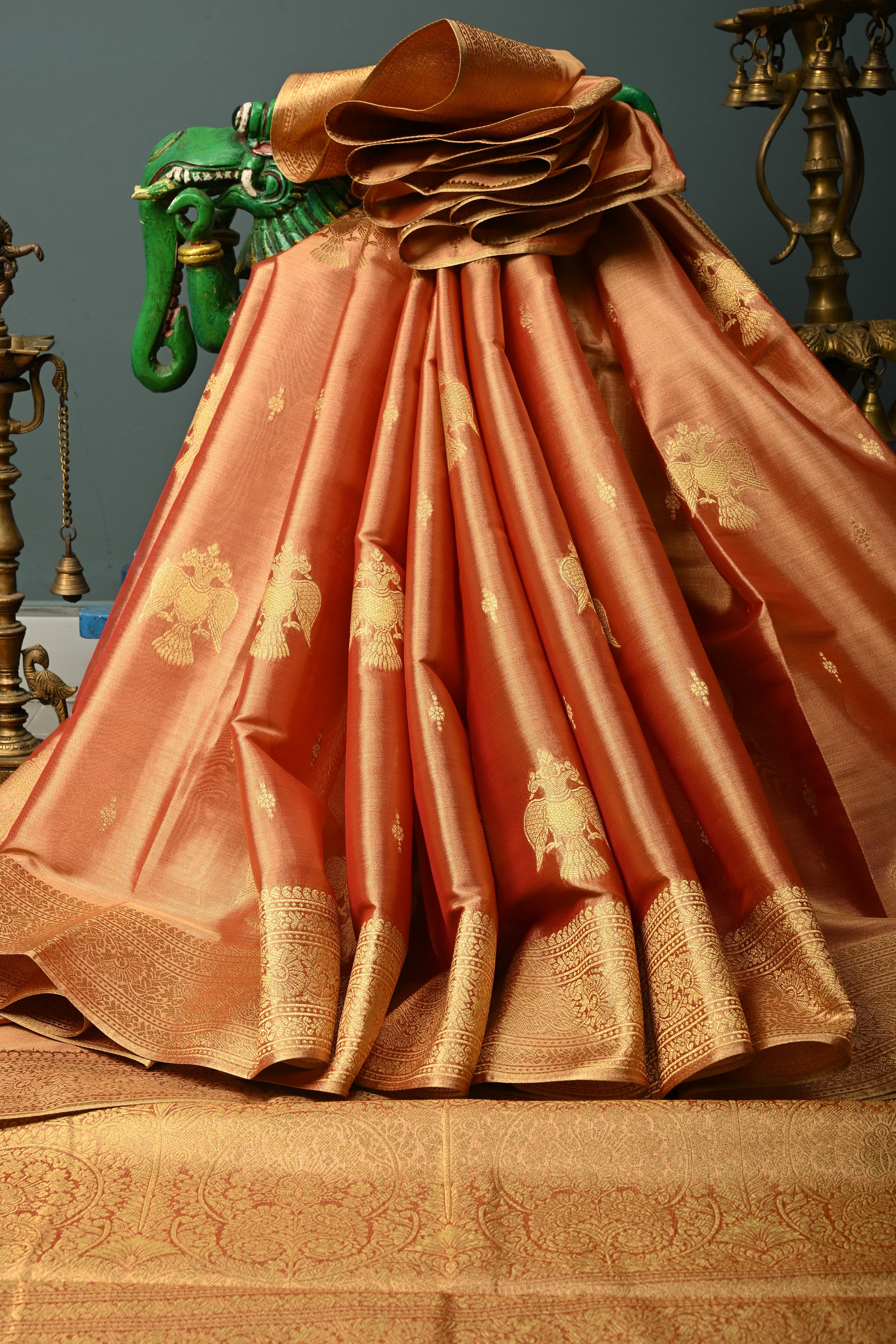 Reddish-Gold Kanchi Tissue Semi Silk Saree with Gandaberunda Zari Buttas and Zari Border | Shobitam