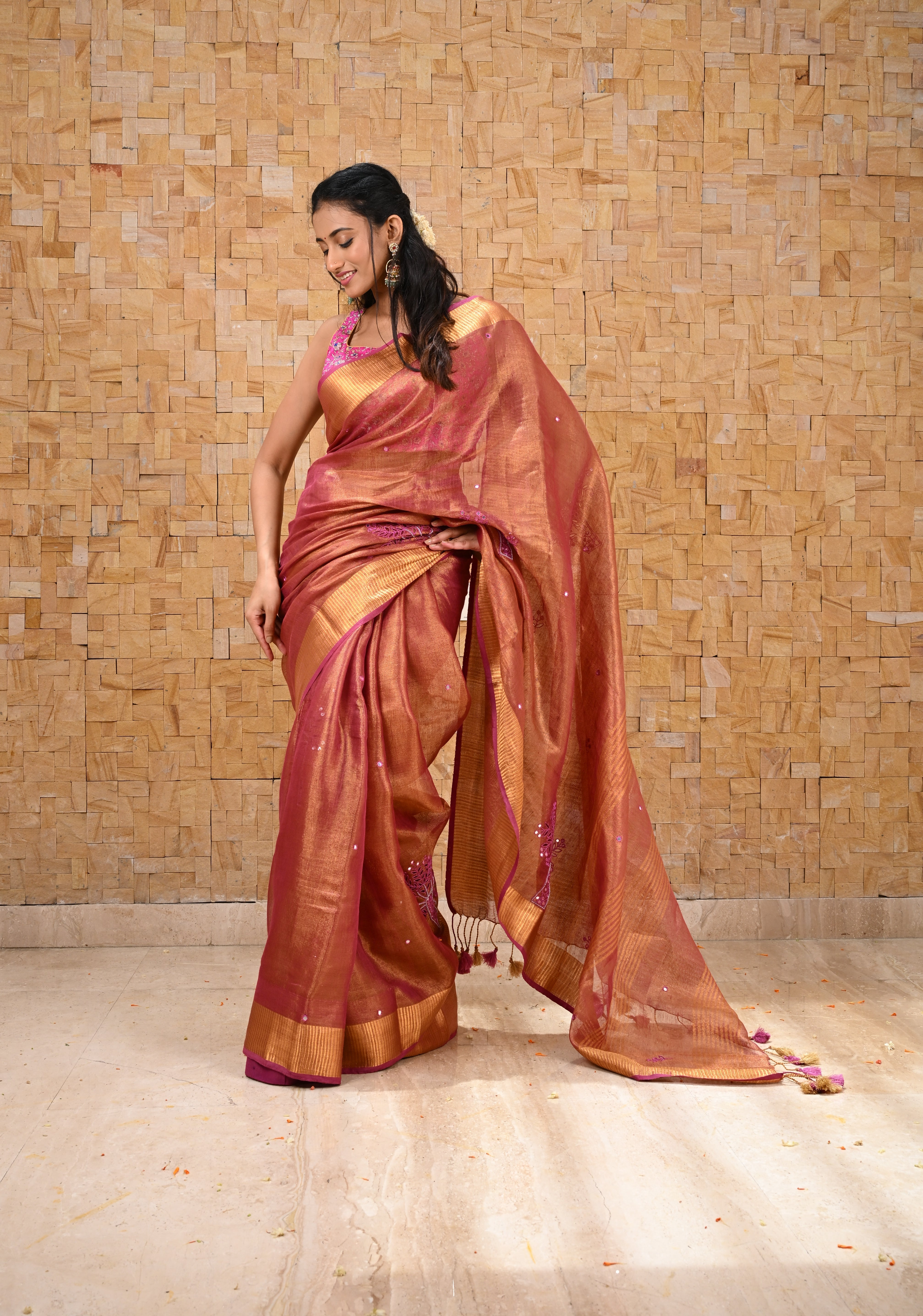 Tree Cutwork and Mirror Work Tissue Linen Saree in Magenta with pretty tassels | Shobitam