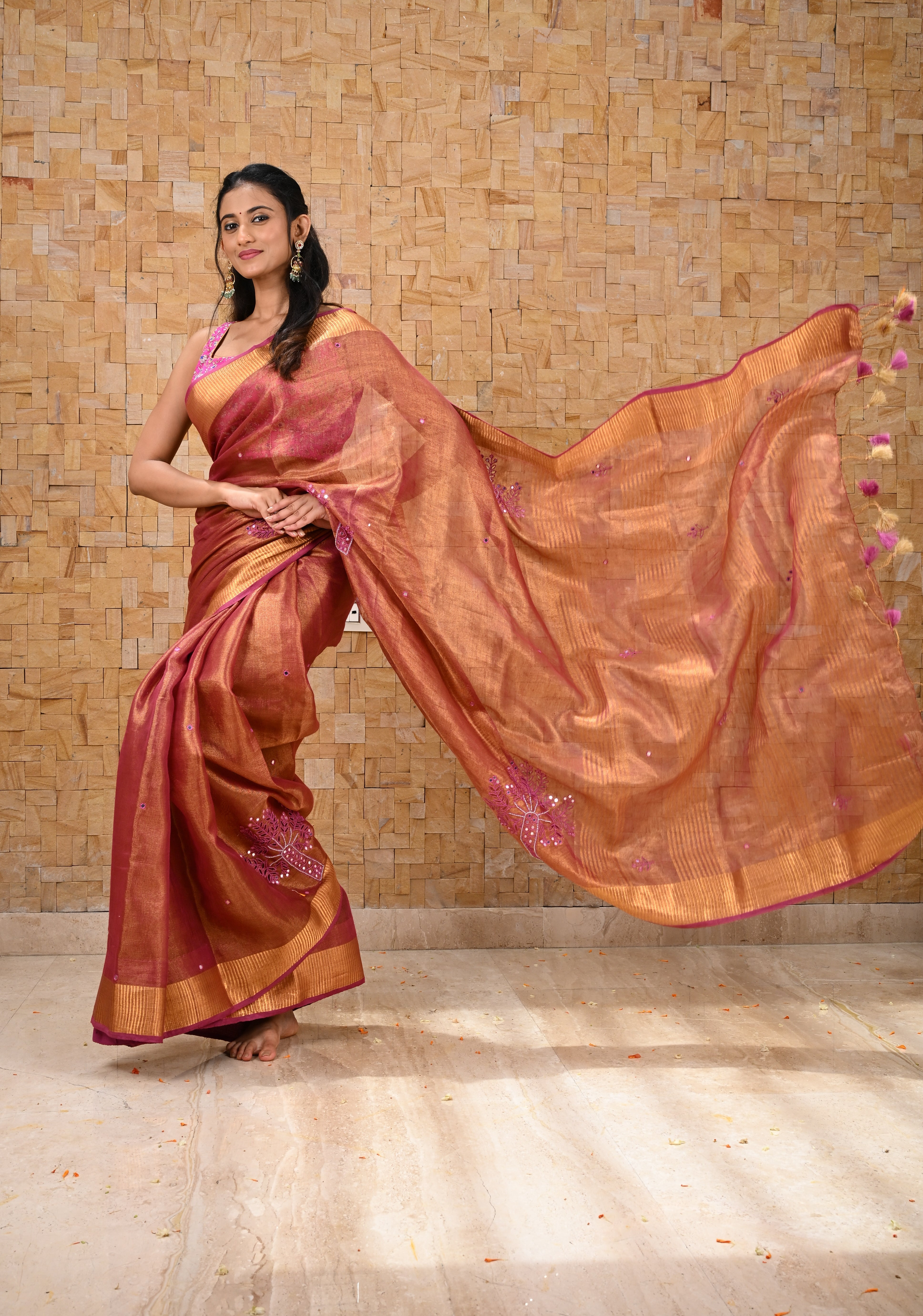 Tree Cutwork and Mirror Work Tissue Linen Saree in Magenta with pretty tassels | Shobitam