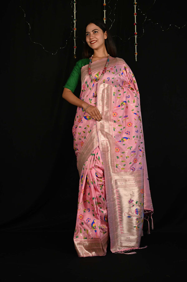 Ready to Wear Pink  Paithani Pattern Art silk With Ornate Pallu Wrap in 1 minute saree
