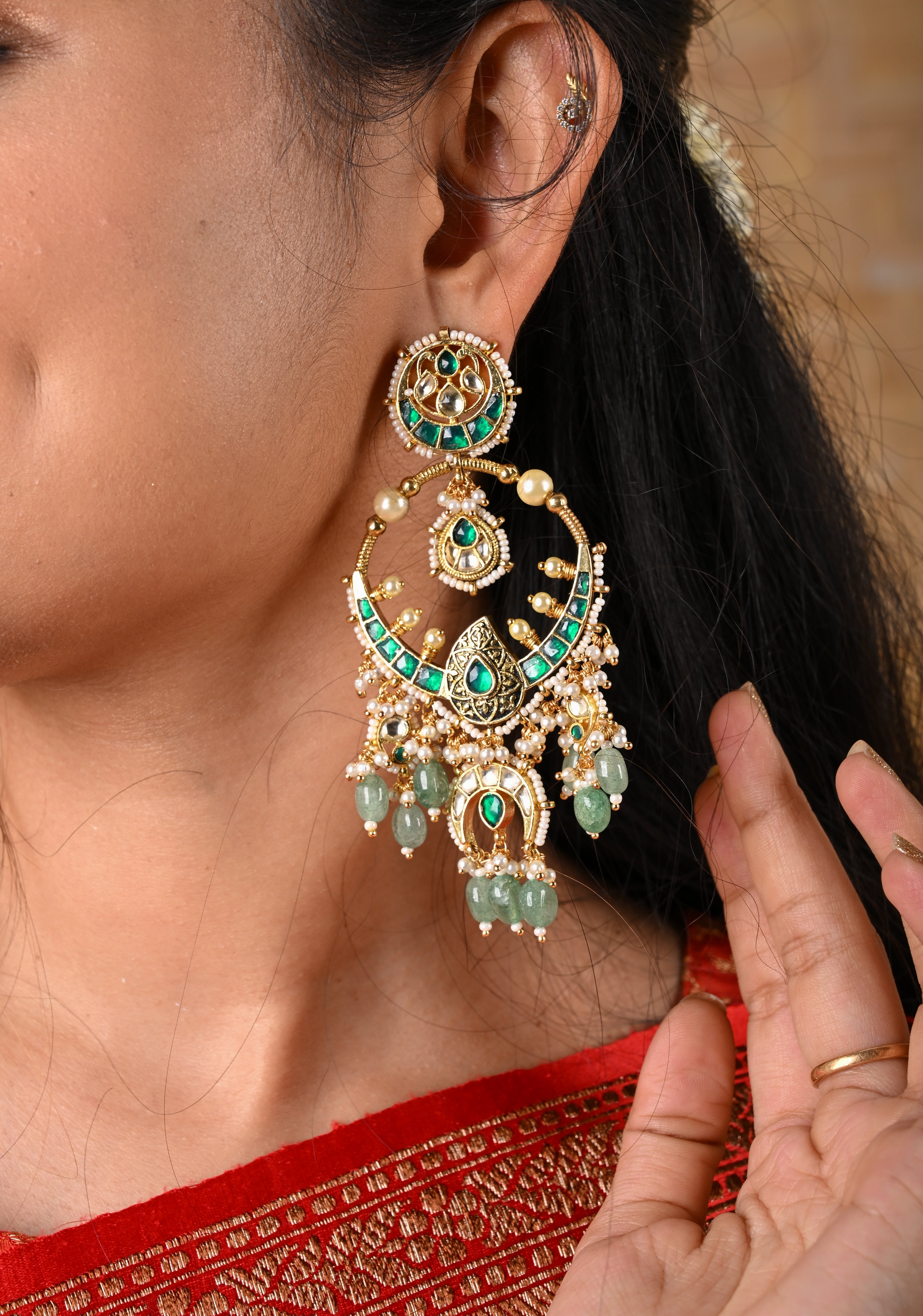 Grandiose 4" Chandbalis with Ahmedabadi Kundan Jadau Detailing with Green Stones | Shobitam