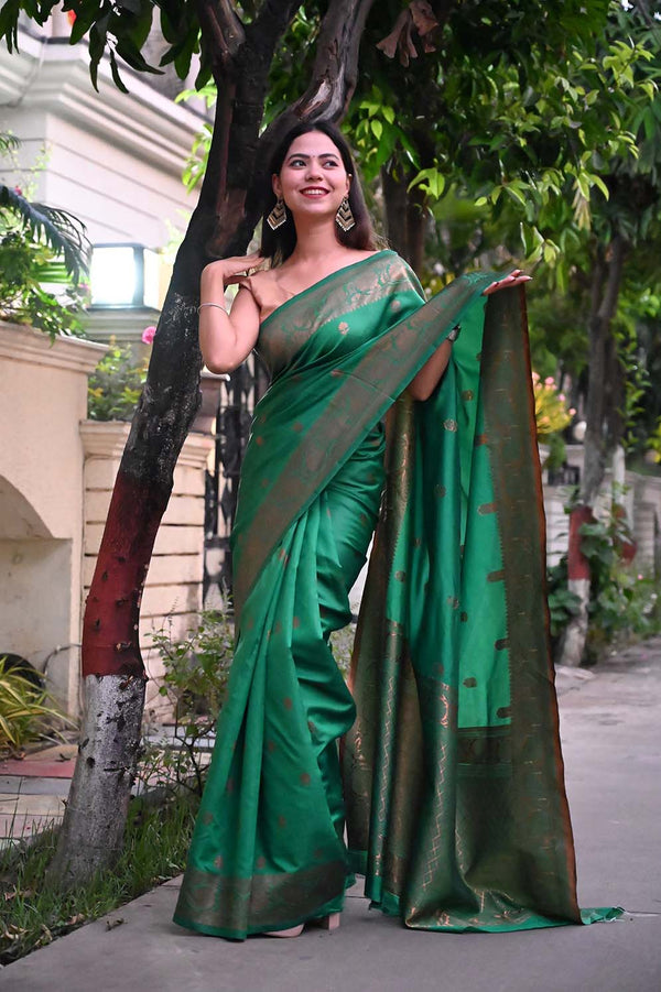 Ready to Wear Green Kanjeevaram With Zari Motif Woven And Ornate Pallu  Wrap in 1 minute saree