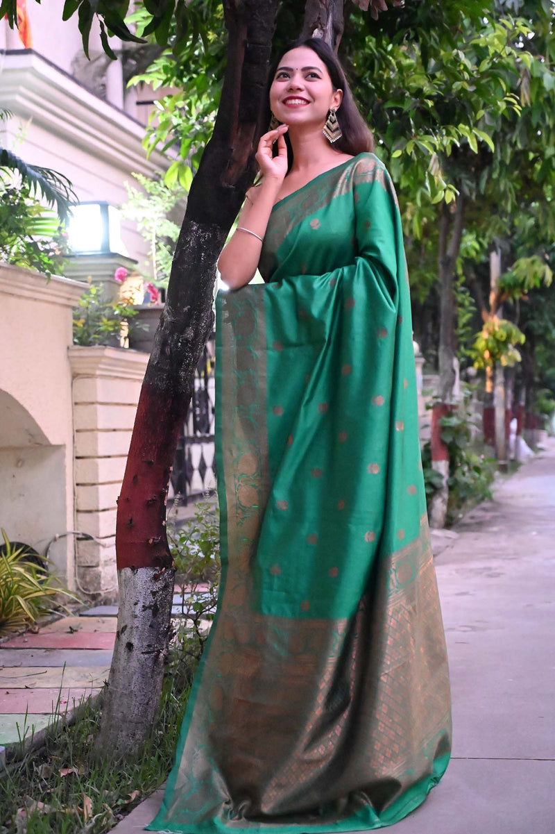 Ready to Wear Green Kanjeevaram Semi Silk With Zari Motif Woven And Ornate Pallu  Wrap in 1 minute saree - Isadora Life