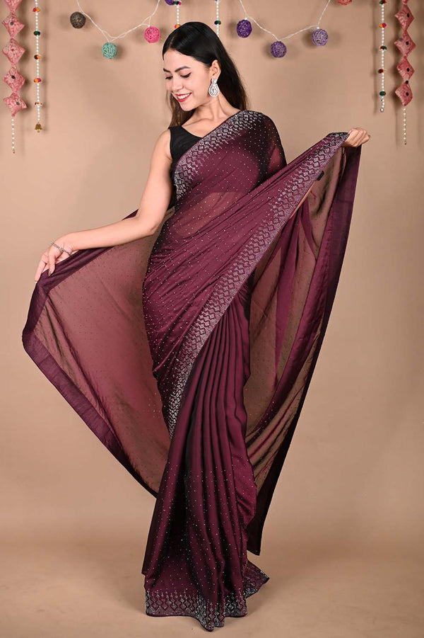 Alluring Burgundy Soft Georgette Silk With Stone Sequence Bead Detailed  Work All Over  Wrap in 1 minute saree