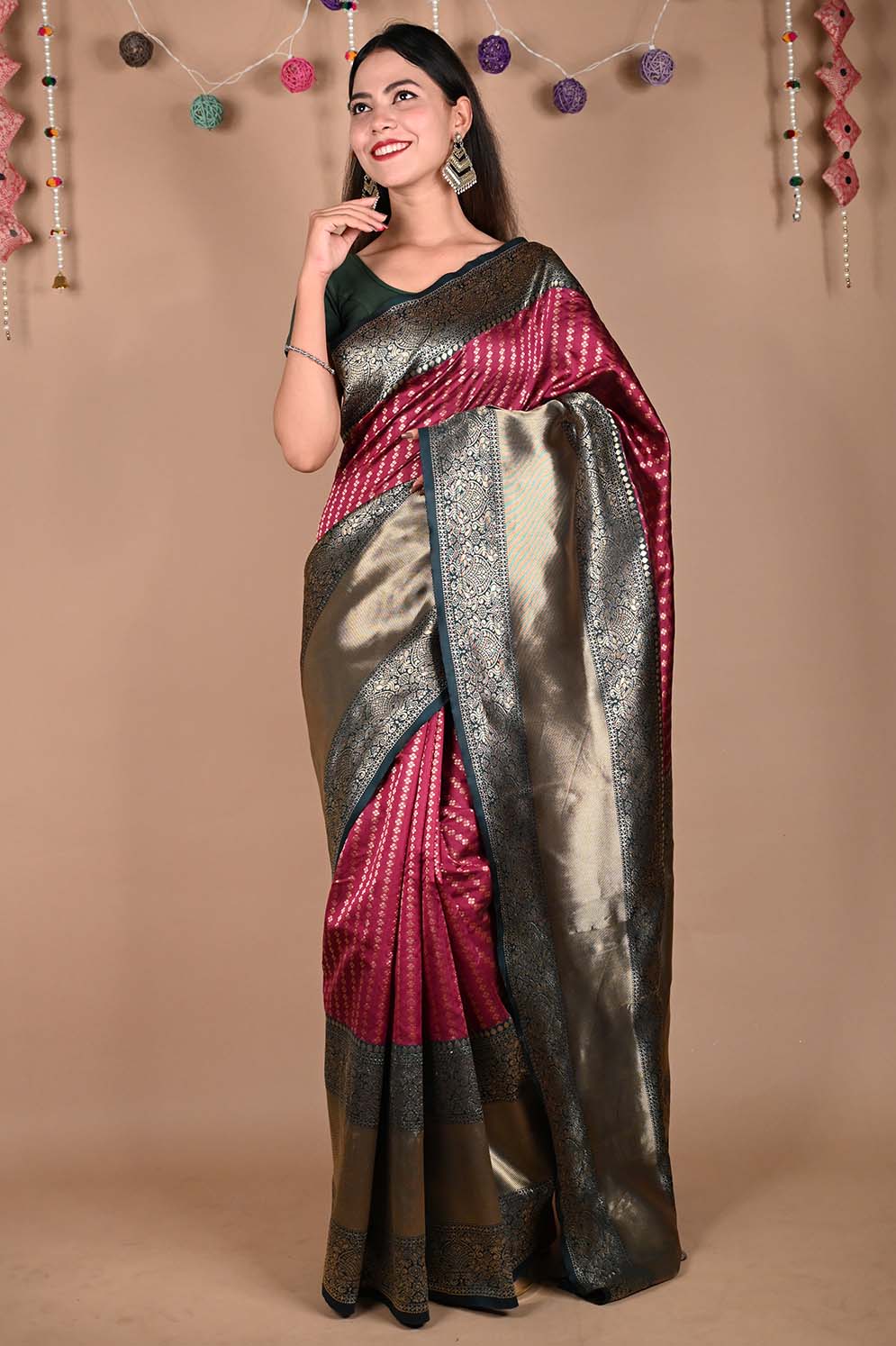Alluring  Purple Kanchipuram Silk Zari Woven With Contrast Border & Ornate Pallu  Wrap In One Minute Saree - Isadora Life